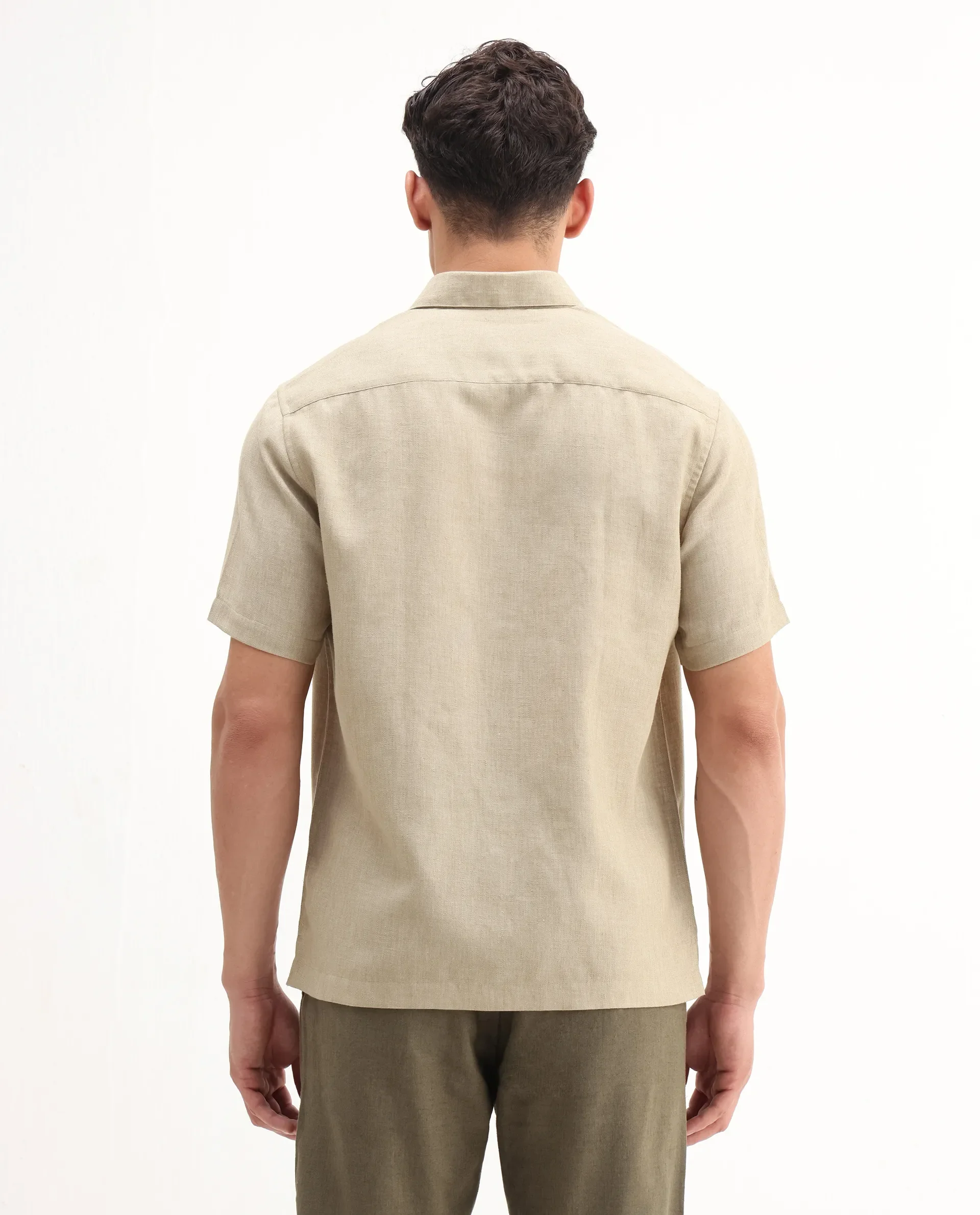 Rare Rabbit Men's Rome-Ss - Dusky Beige Polyester Plain Regular Fit Half Sleeve Collared Shirt - Image 7