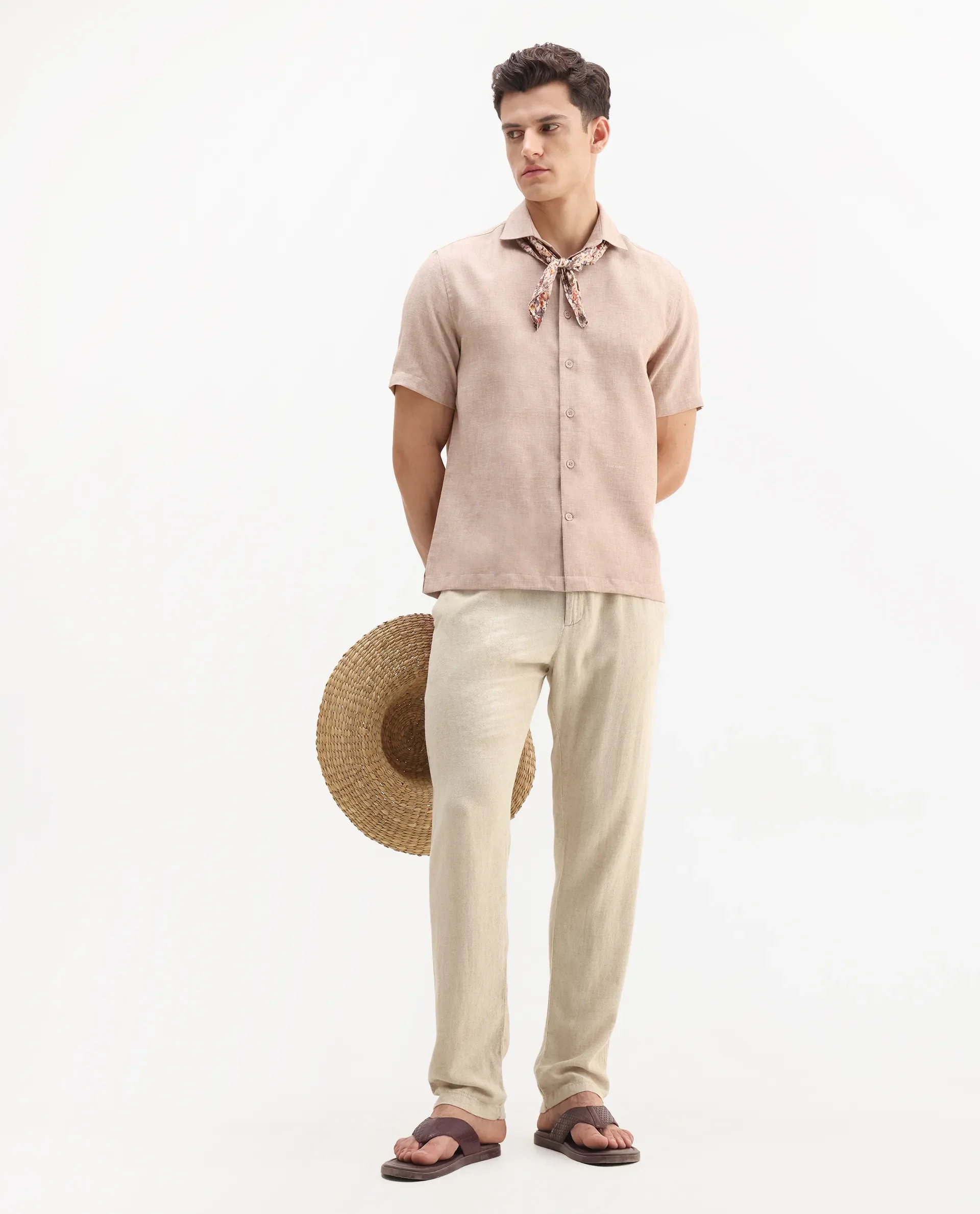 Rare Rabbit Men's Rome-Ss Dusky Rust Polyester Plain Regular Fit Half Sleeve Collared Shirt - Image 2