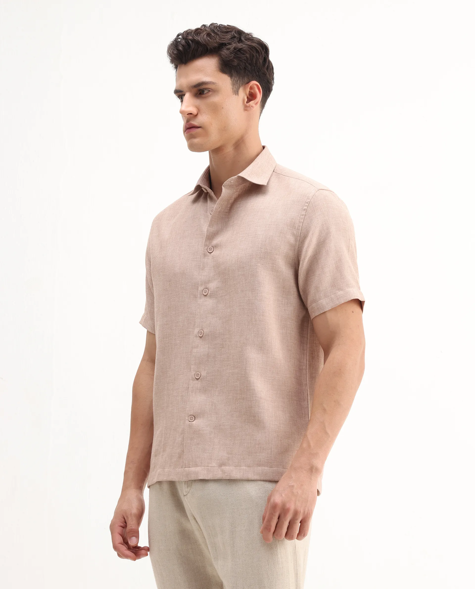 Rare Rabbit Men's Rome-Ss Dusky Rust Polyester Plain Regular Fit Half Sleeve Collared Shirt - Image 4
