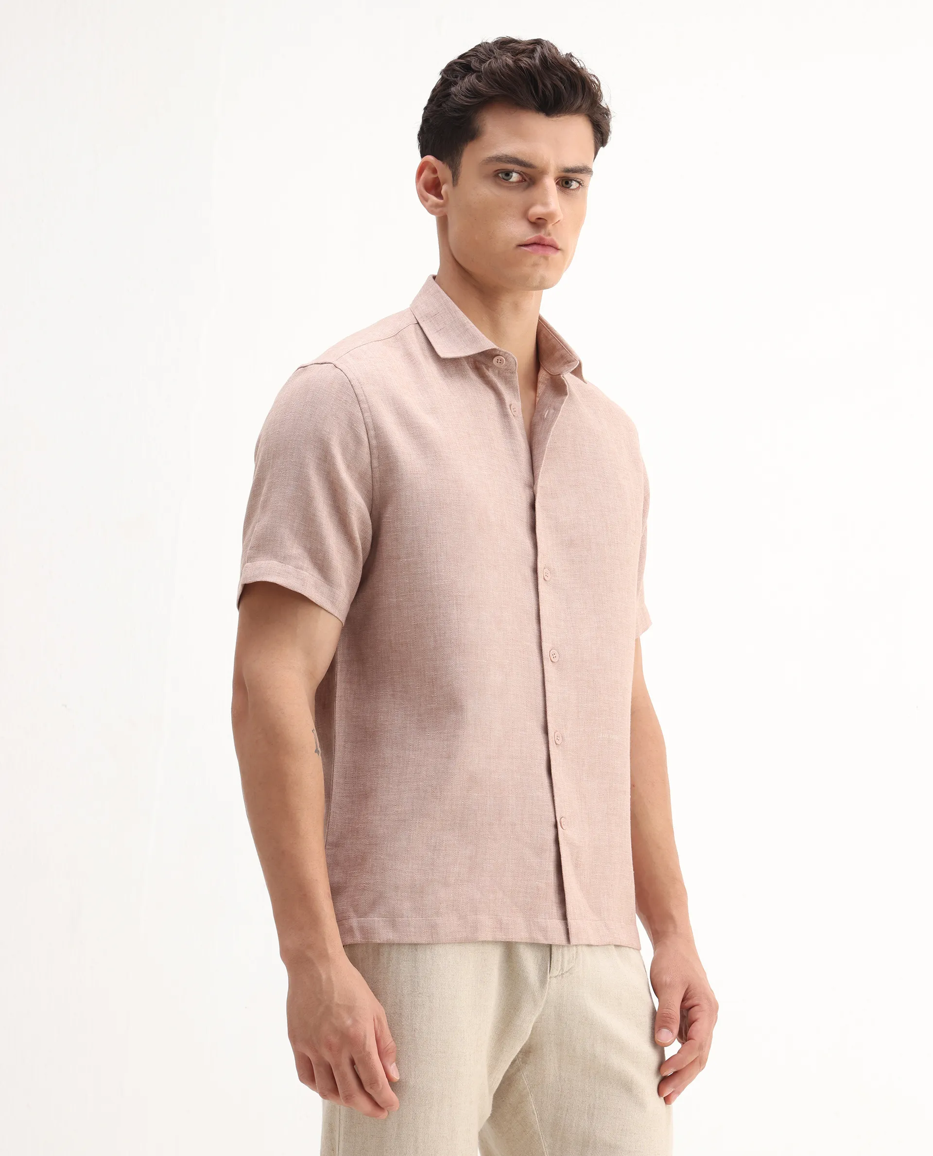 Rare Rabbit Men's Rome-Ss Dusky Rust Polyester Plain Regular Fit Half Sleeve Collared Shirt - Image 5