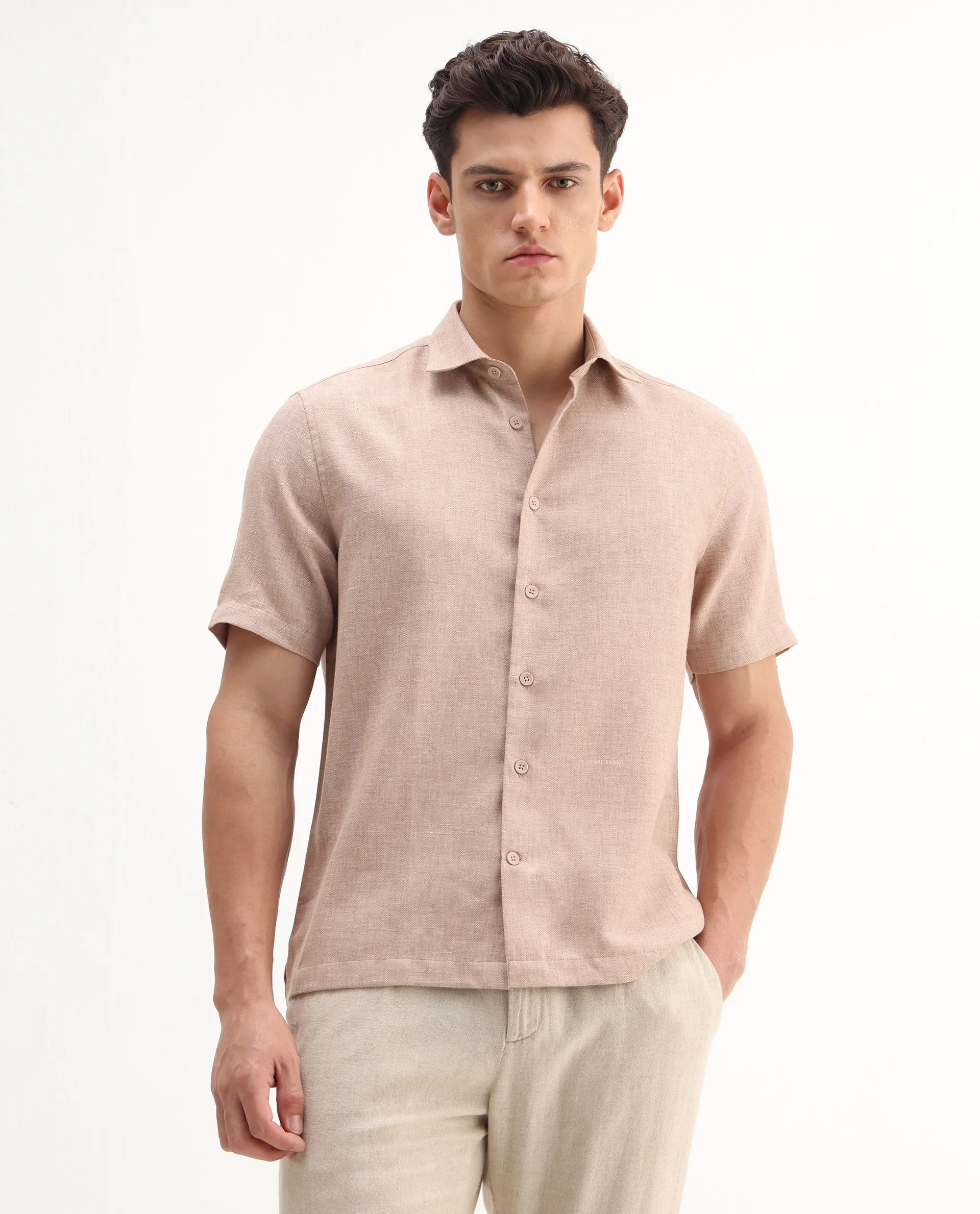 Rare Rabbit Men's Rome-Ss Dusky Rust Polyester Plain Regular Fit Half Sleeve Collared Shirt - Image 6