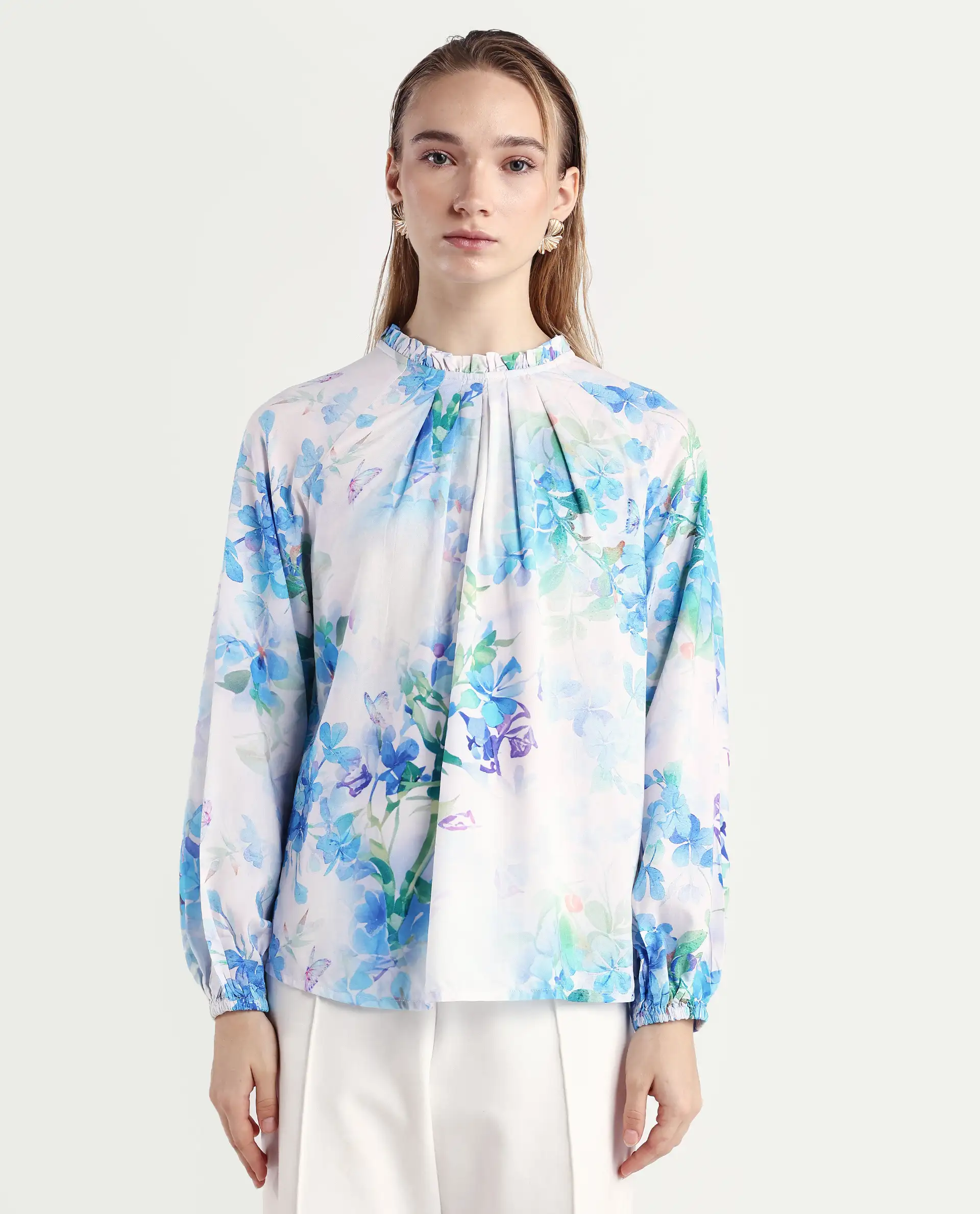 Rareism Women's Rome Light Blue Viscose Crew Neck Floral Print Raglan Sleeve Regular Fit Top - Image 3