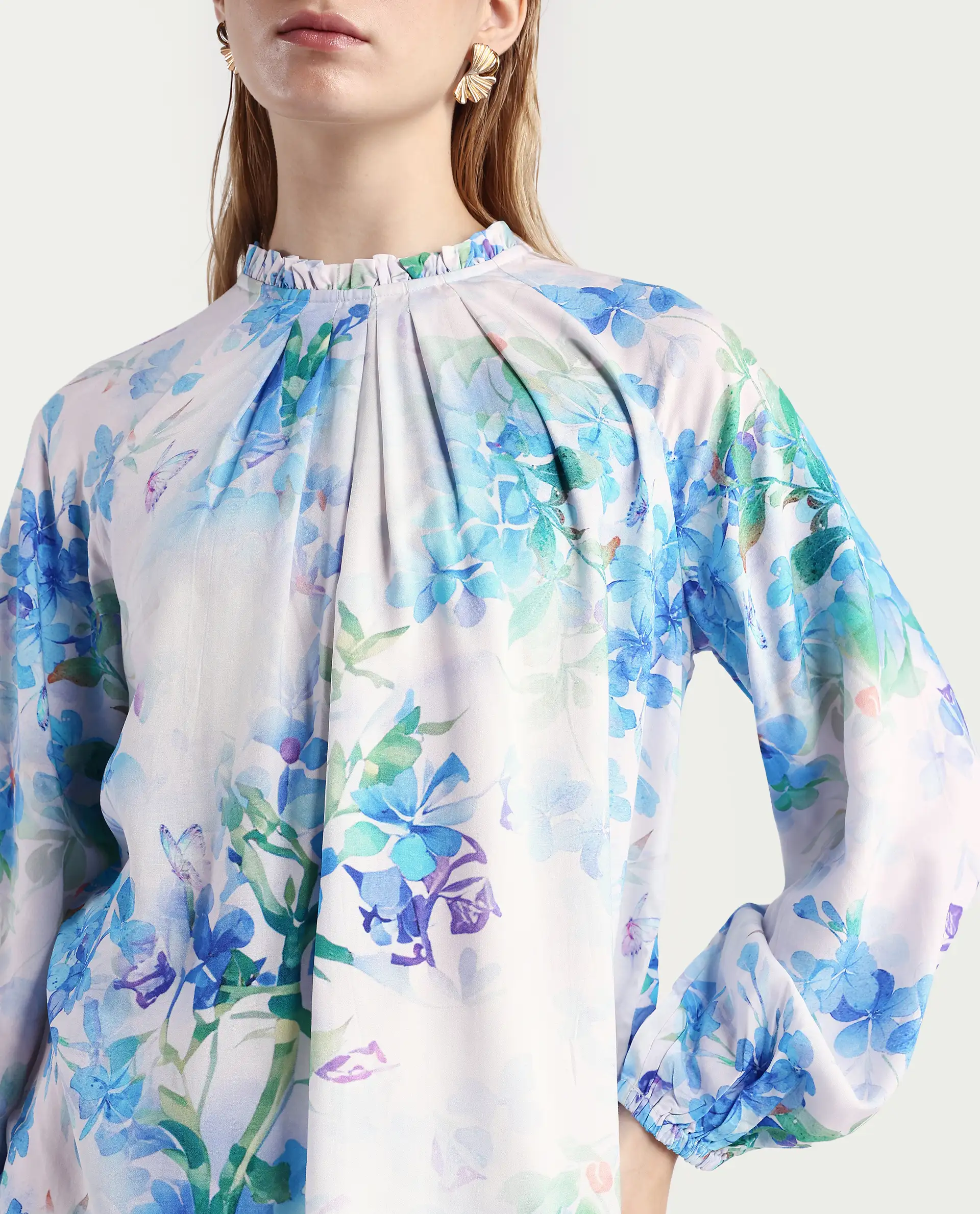 Rareism Women's Rome Light Blue Viscose Crew Neck Floral Print Raglan Sleeve Regular Fit Top - Image 4