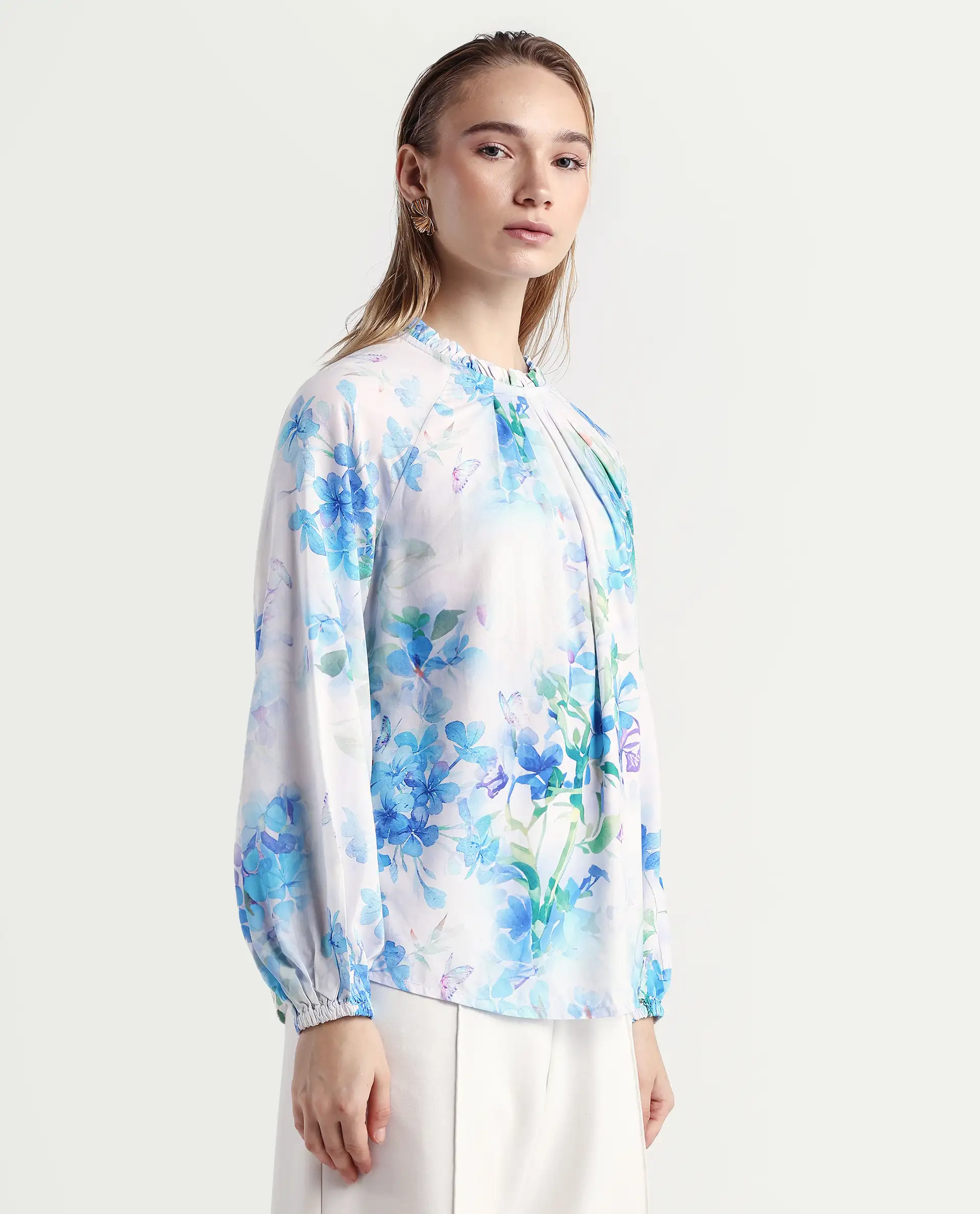 Rareism Women's Rome Light Blue Viscose Crew Neck Floral Print Raglan Sleeve Regular Fit Top - Image 6