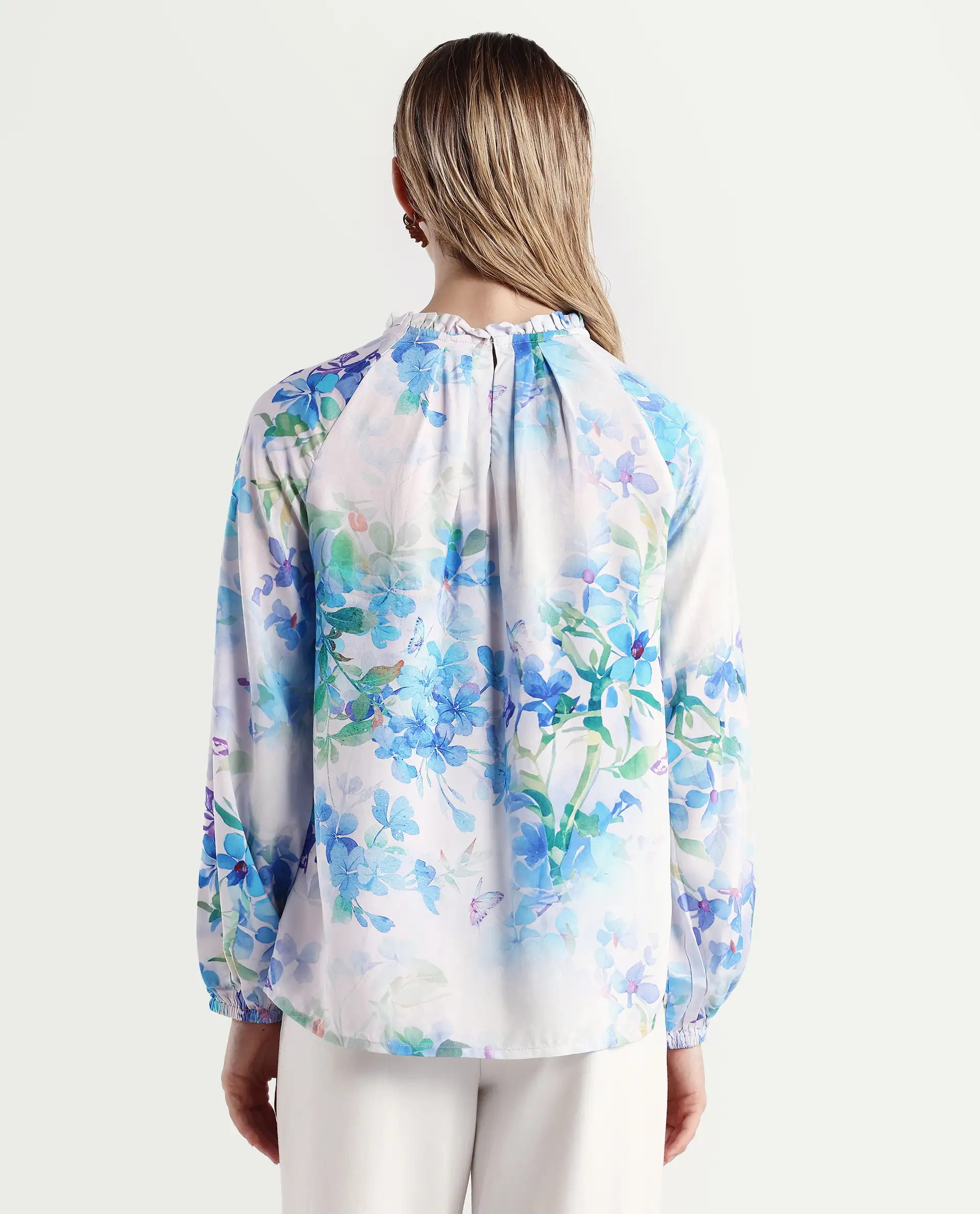 Rareism Women's Rome Light Blue Viscose Crew Neck Floral Print Raglan Sleeve Regular Fit Top - Image 7
