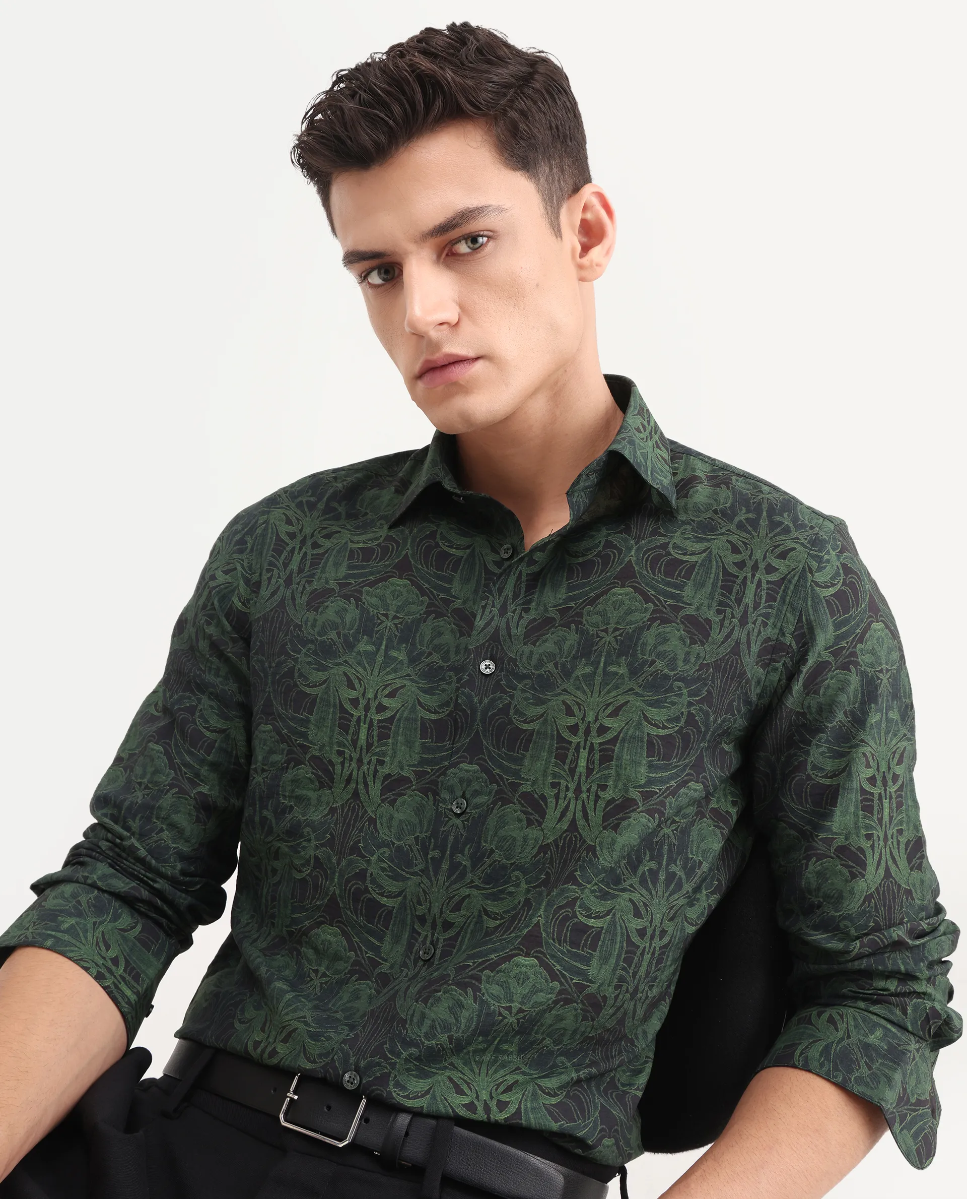 Rare Rabbit Men's Romo Black Viscose Blend Floral Print Regular Fit Full Sleeve Collared Shirt