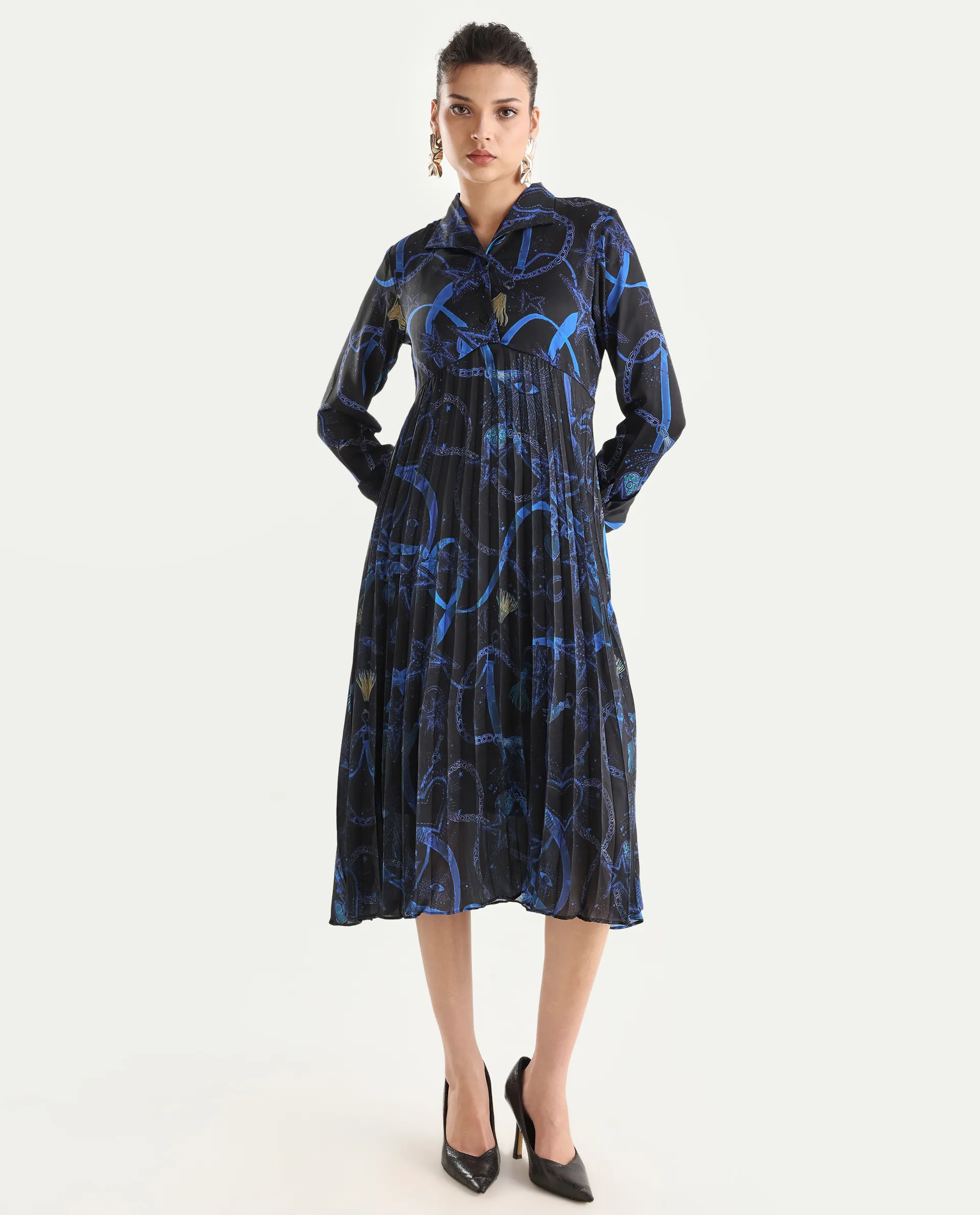 Rareism Women's Romros Dark Multi Satin Drop Collar Abstract Print Cuffed Sleeve Midi Flared Dress - Image 2