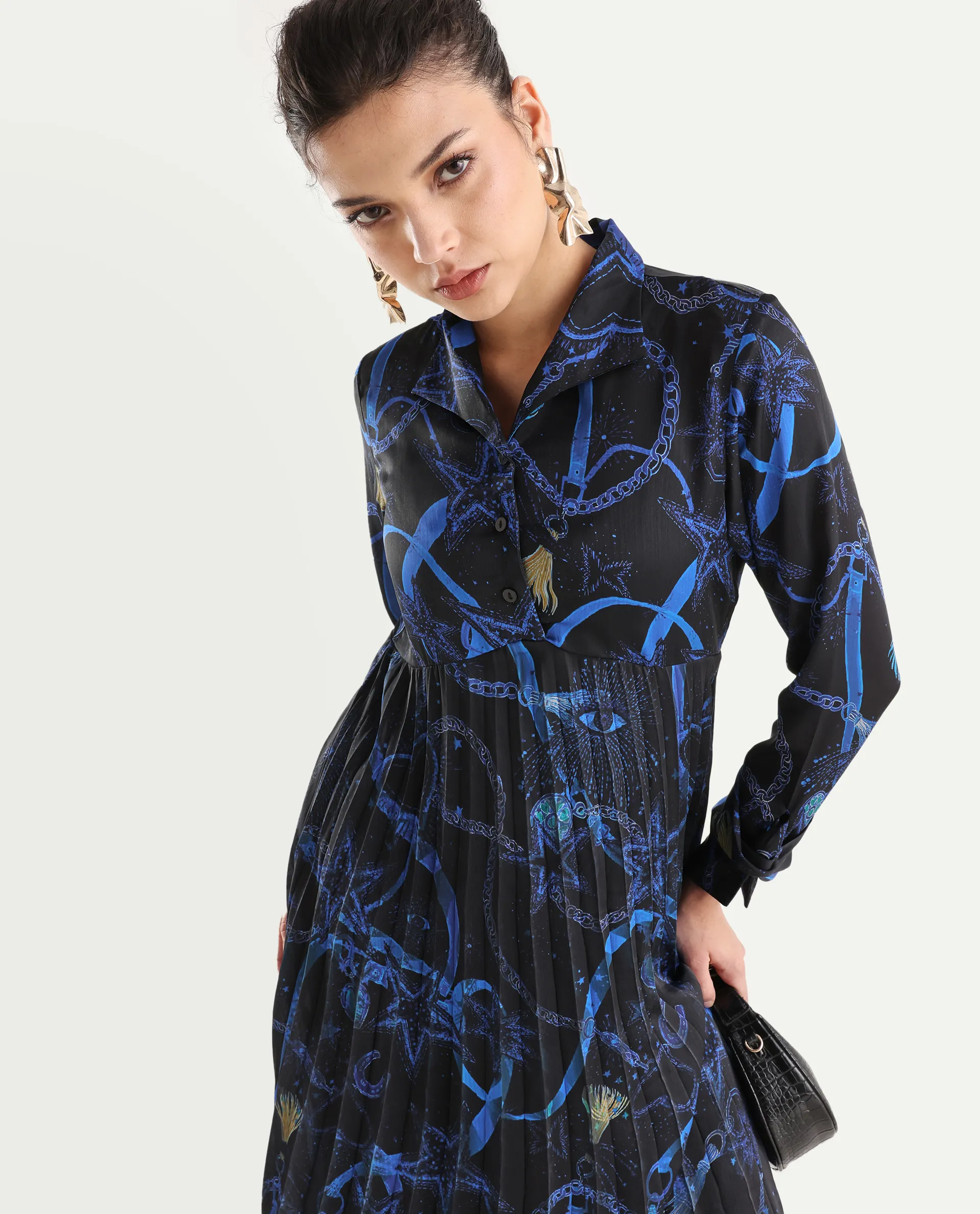 Rareism Women's Romros Dark Multi Satin Drop Collar Abstract Print Cuffed Sleeve Midi Flared Dress - Image 3