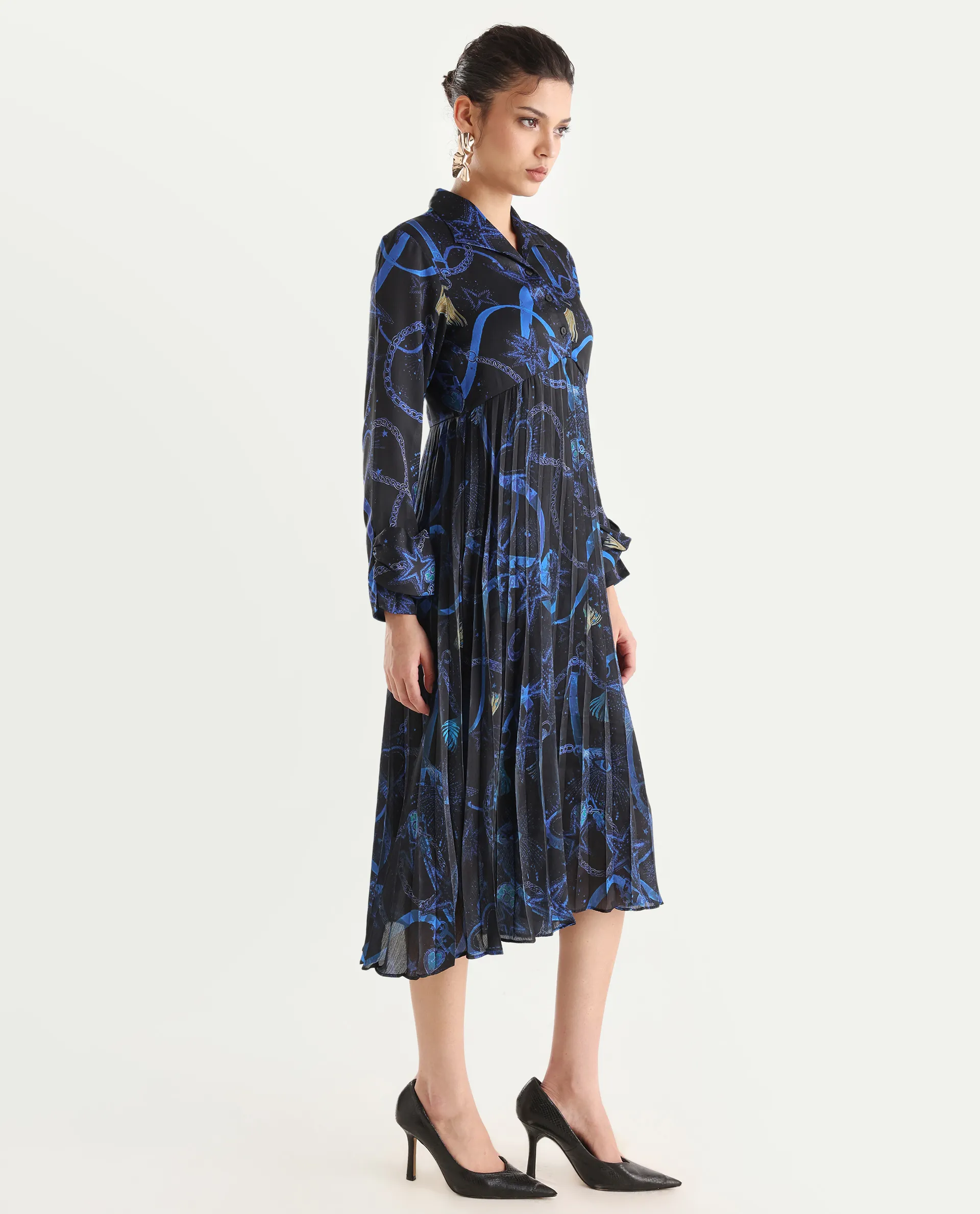 Rareism Women's Romros Dark Multi Satin Drop Collar Abstract Print Cuffed Sleeve Midi Flared Dress - Image 5