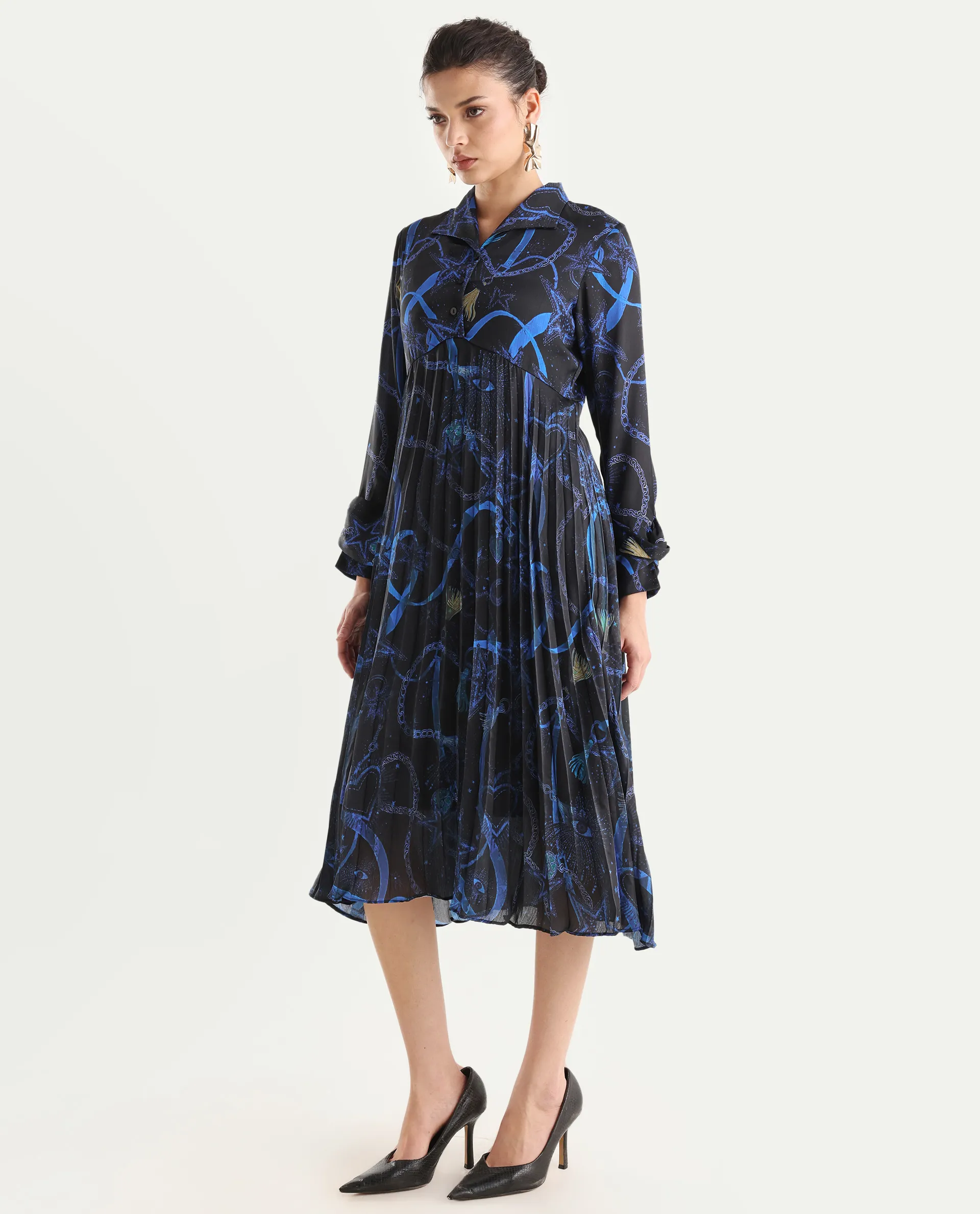 Rareism Women's Romros Dark Multi Satin Drop Collar Abstract Print Cuffed Sleeve Midi Flared Dress - Image 6