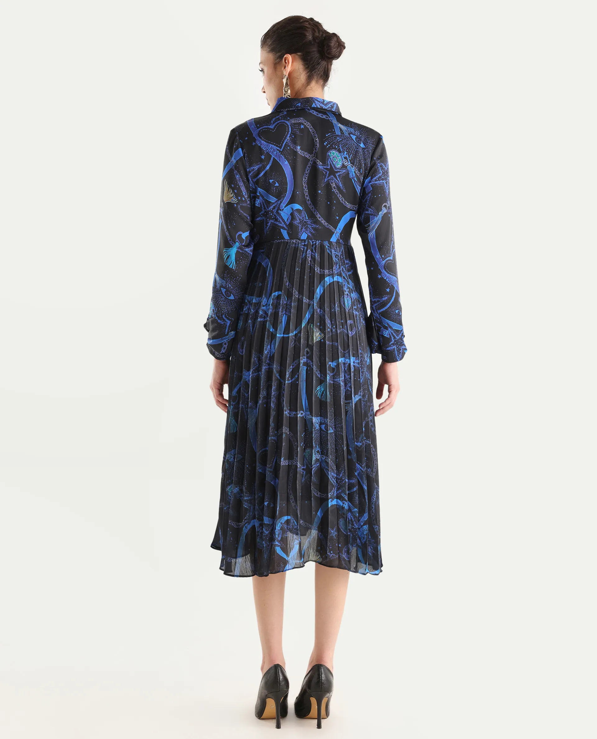 Rareism Women's Romros Dark Multi Satin Drop Collar Abstract Print Cuffed Sleeve Midi Flared Dress - Image 7