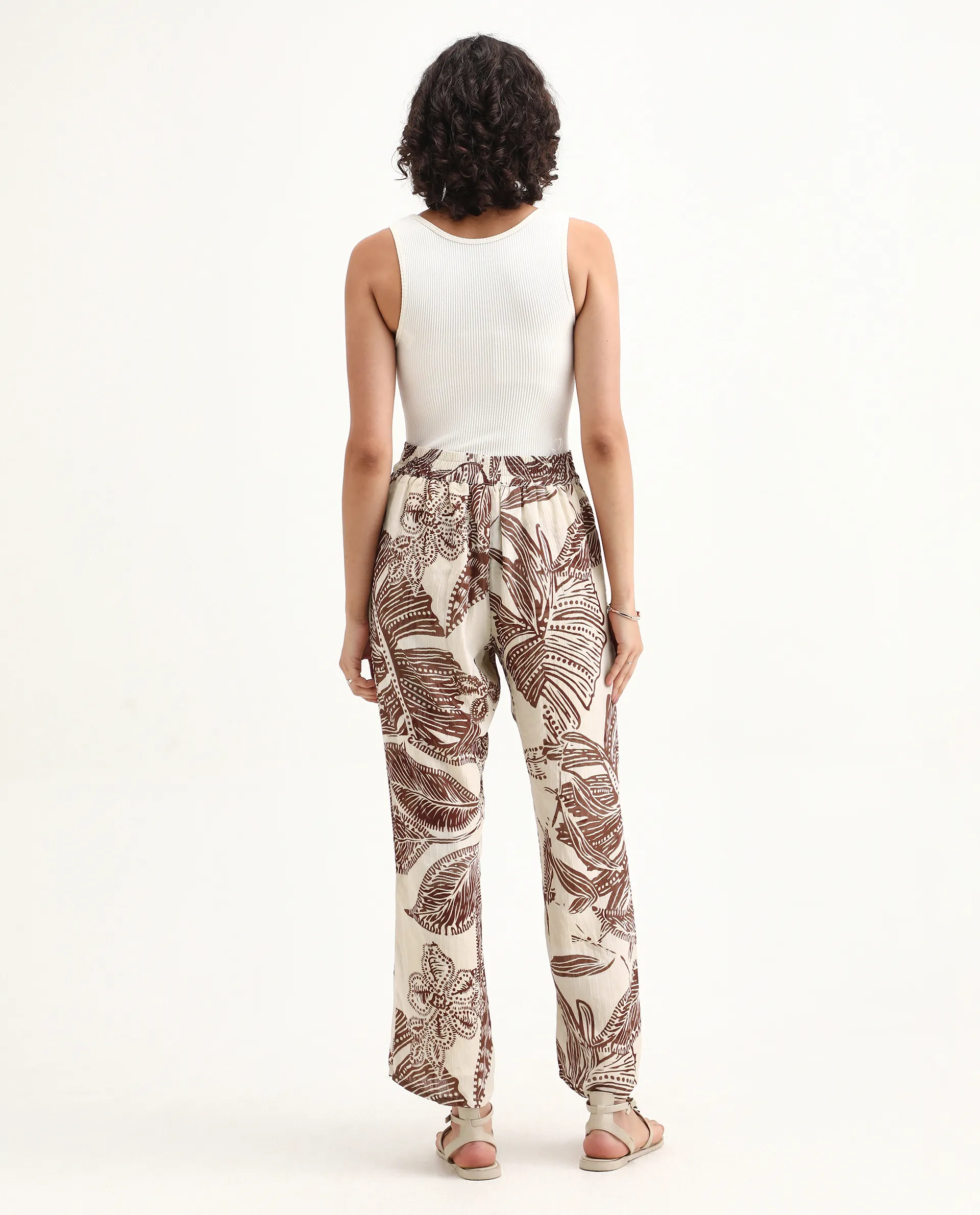 Rareism Women's Ron B Dark Beige Polyester Floral Print Ankle Length Straight Fit Trouser - Image 2