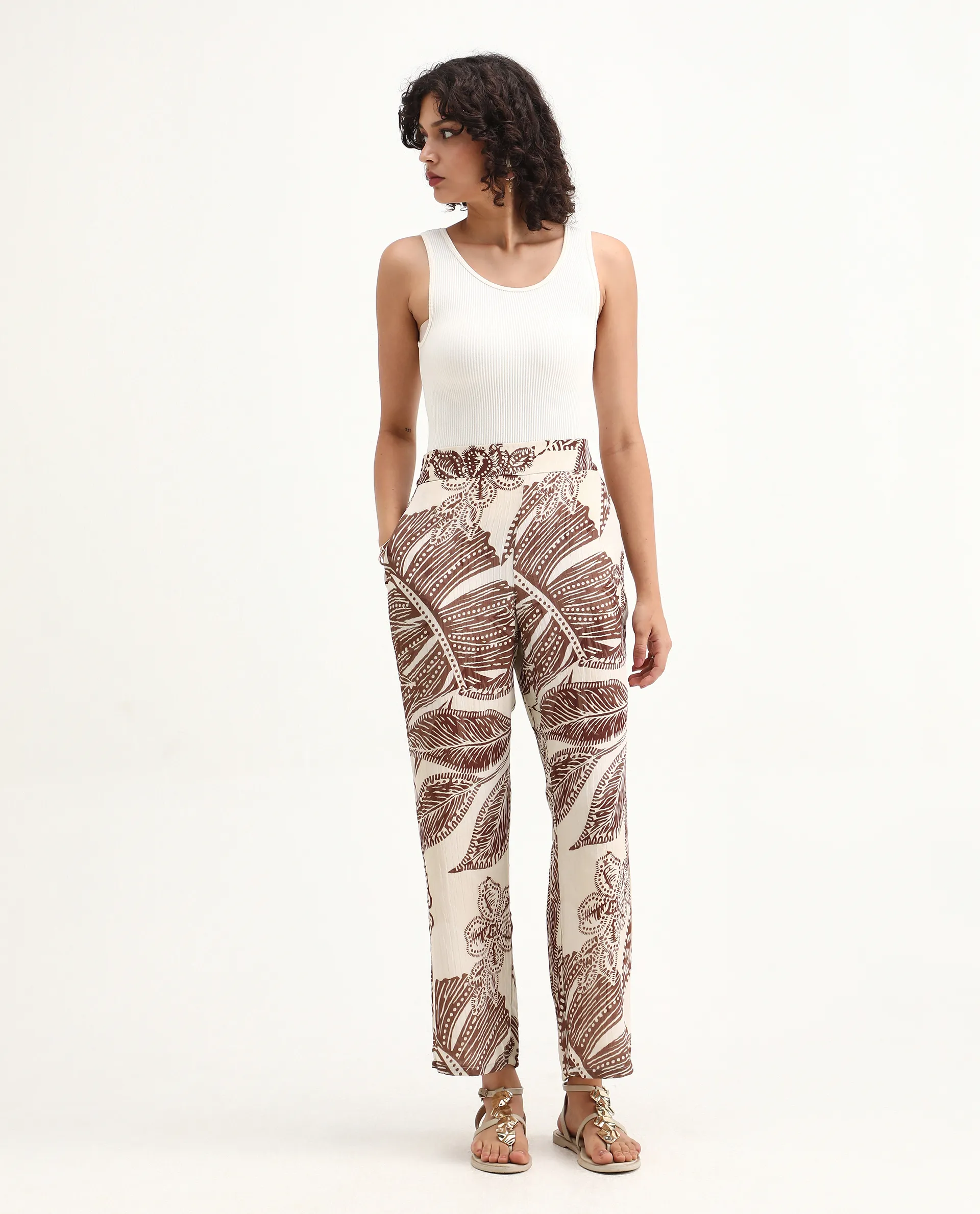 Rareism Women's Ron B Dark Beige Polyester Floral Print Ankle Length Straight Fit Trouser - Image 3