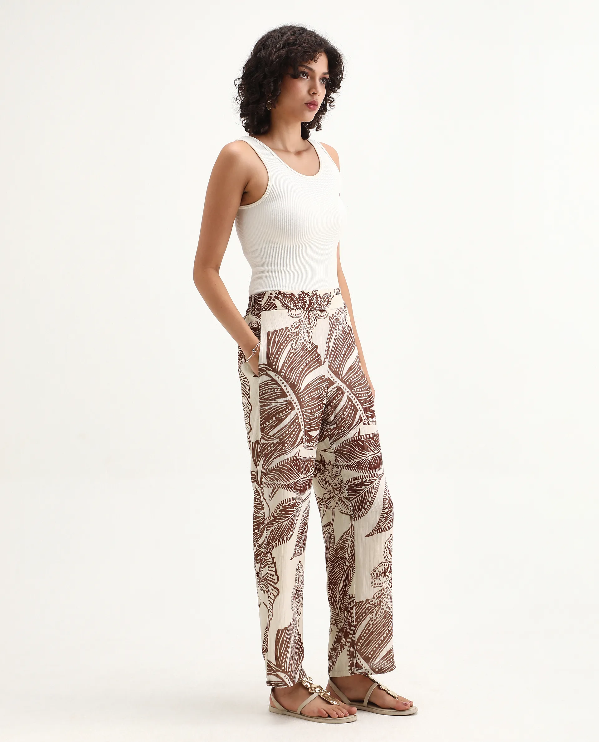 Rareism Women's Ron B Dark Beige Polyester Floral Print Ankle Length Straight Fit Trouser - Image 5