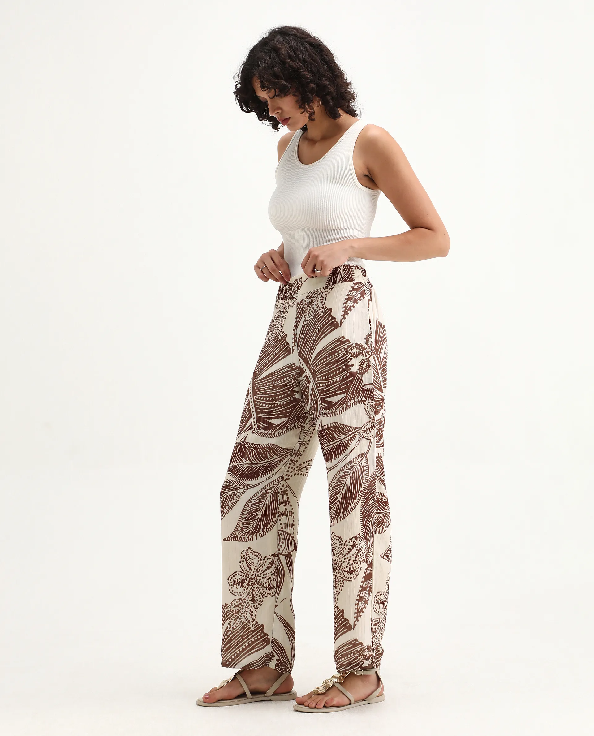Rareism Women's Ron B Dark Beige Polyester Floral Print Ankle Length Straight Fit Trouser - Image 6