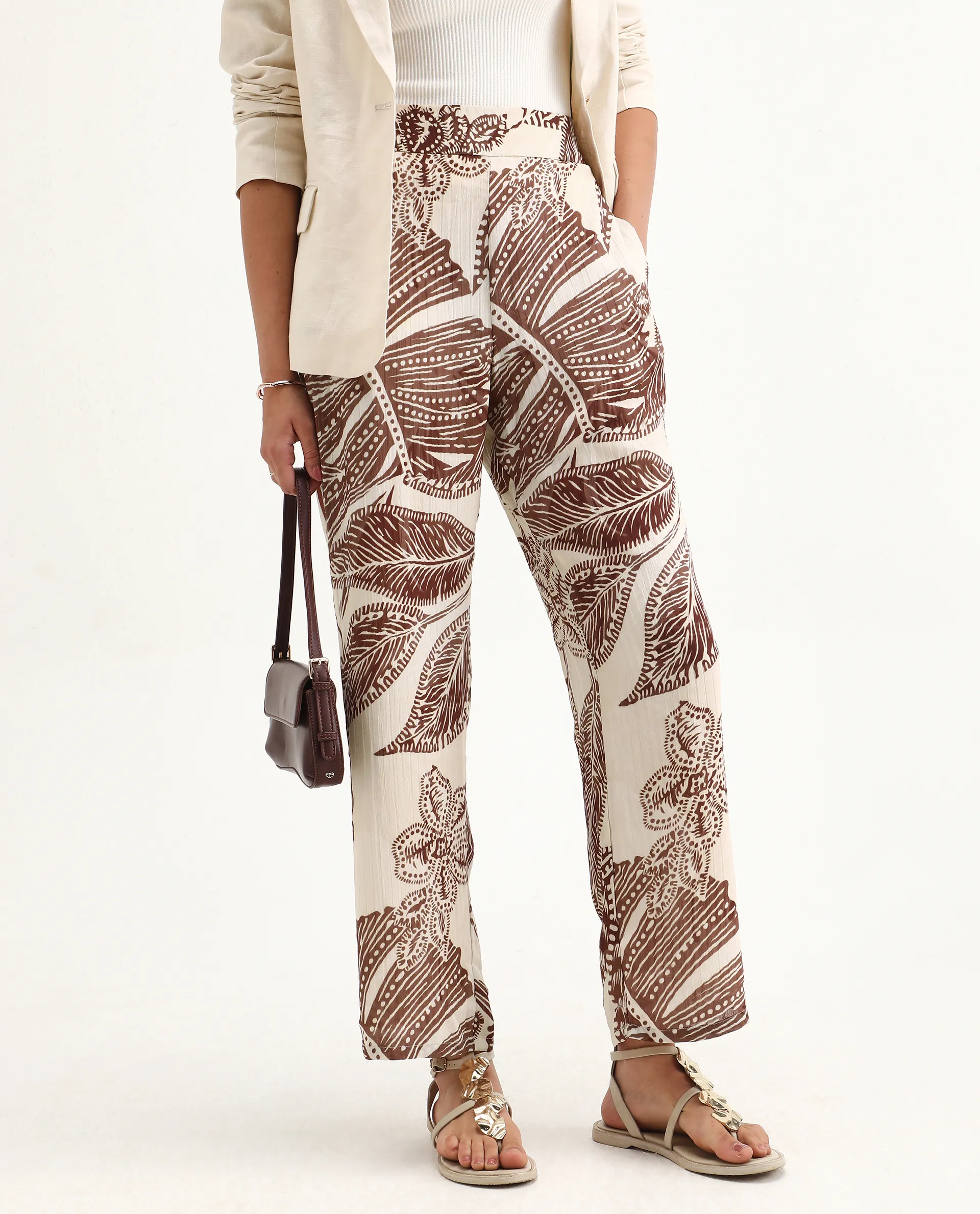 Rareism Women's Ron B Dark Beige Polyester Floral Print Ankle Length Straight Fit Trouser - Image 7