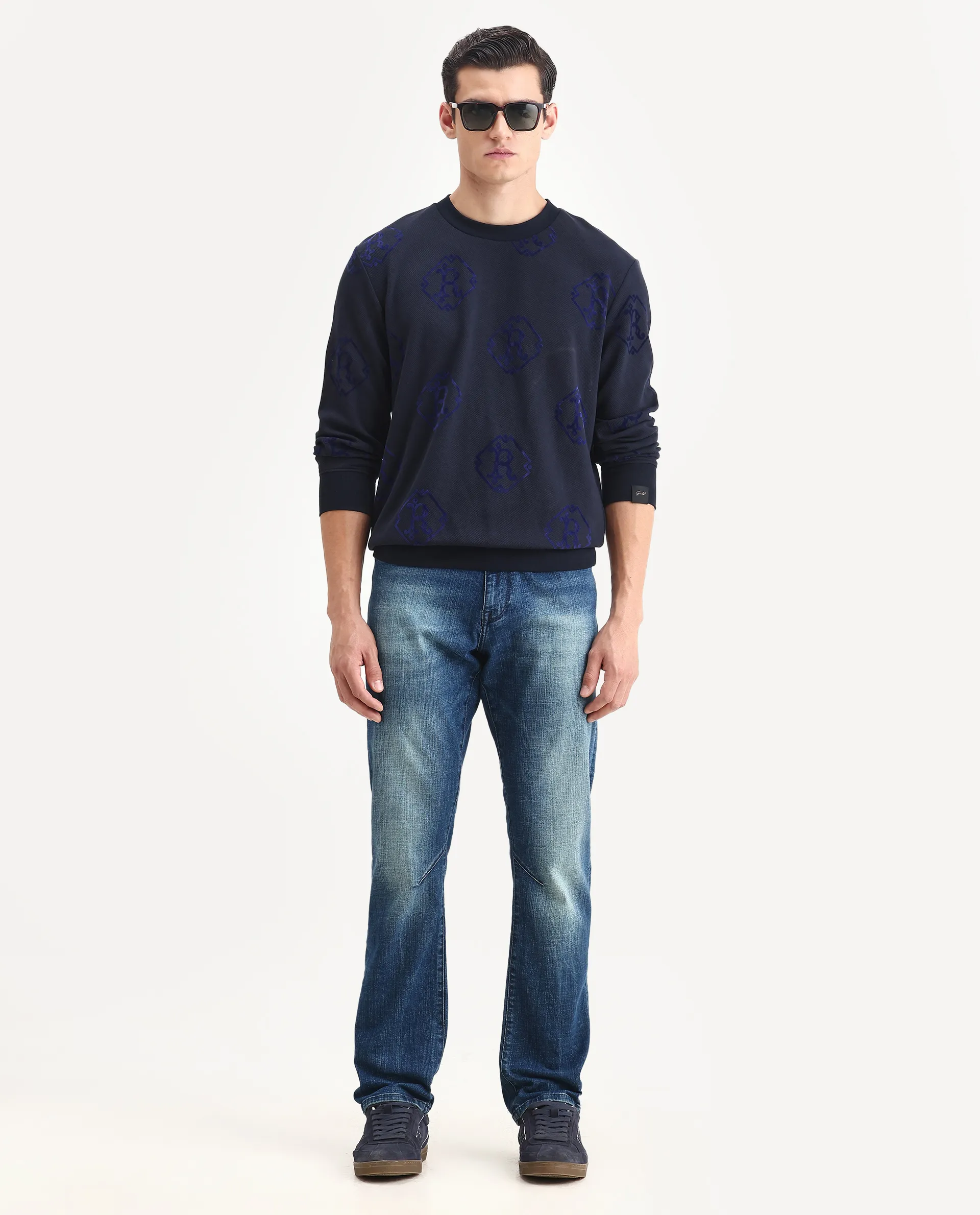 Rare Rabbit Men's Ron Navy Cotton Monogram Print Regular Fit Full Sleeve Crew Neck Sweatshirt - Image 2