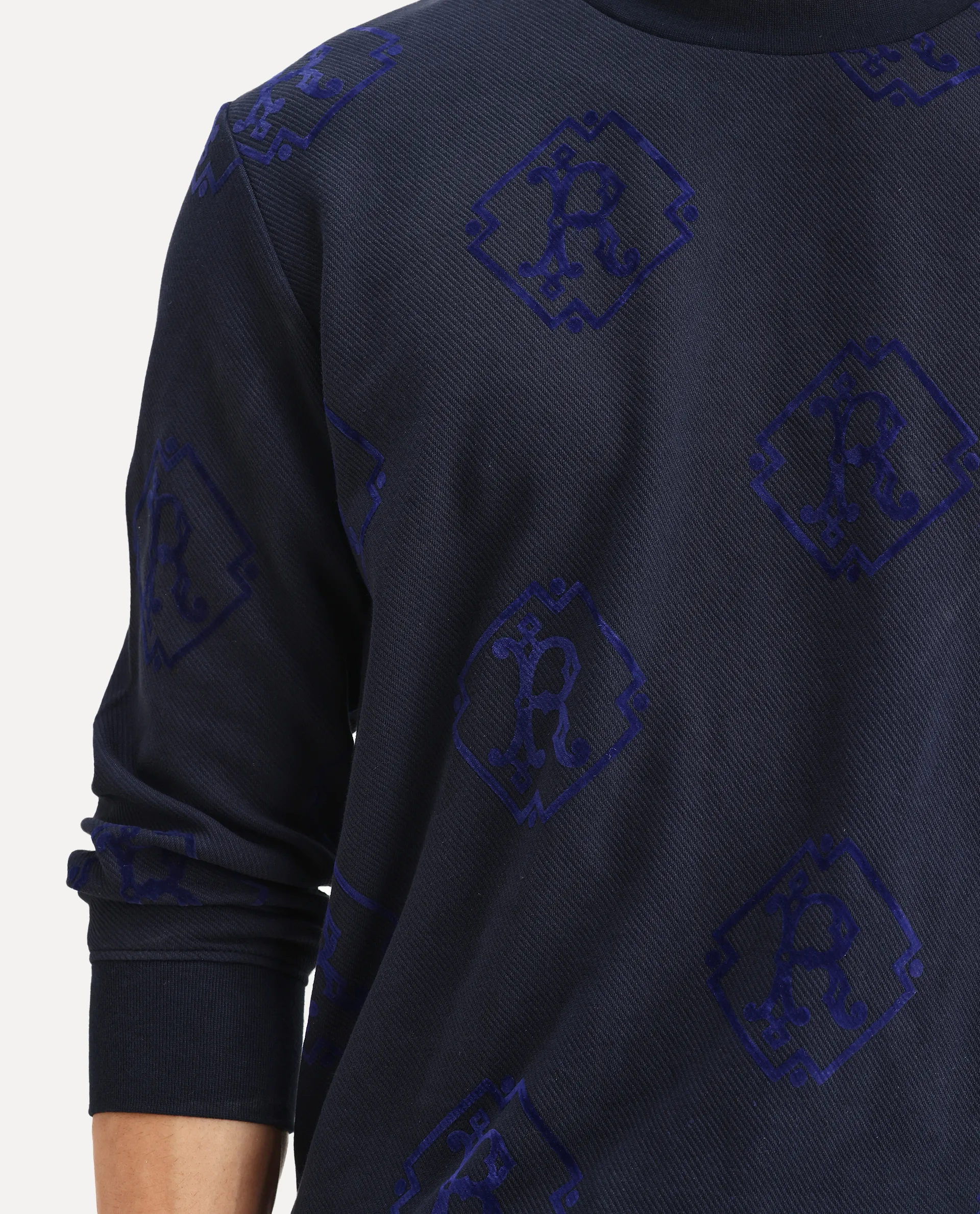 Rare Rabbit Men's Ron Navy Cotton Monogram Print Regular Fit Full Sleeve Crew Neck Sweatshirt - Image 3