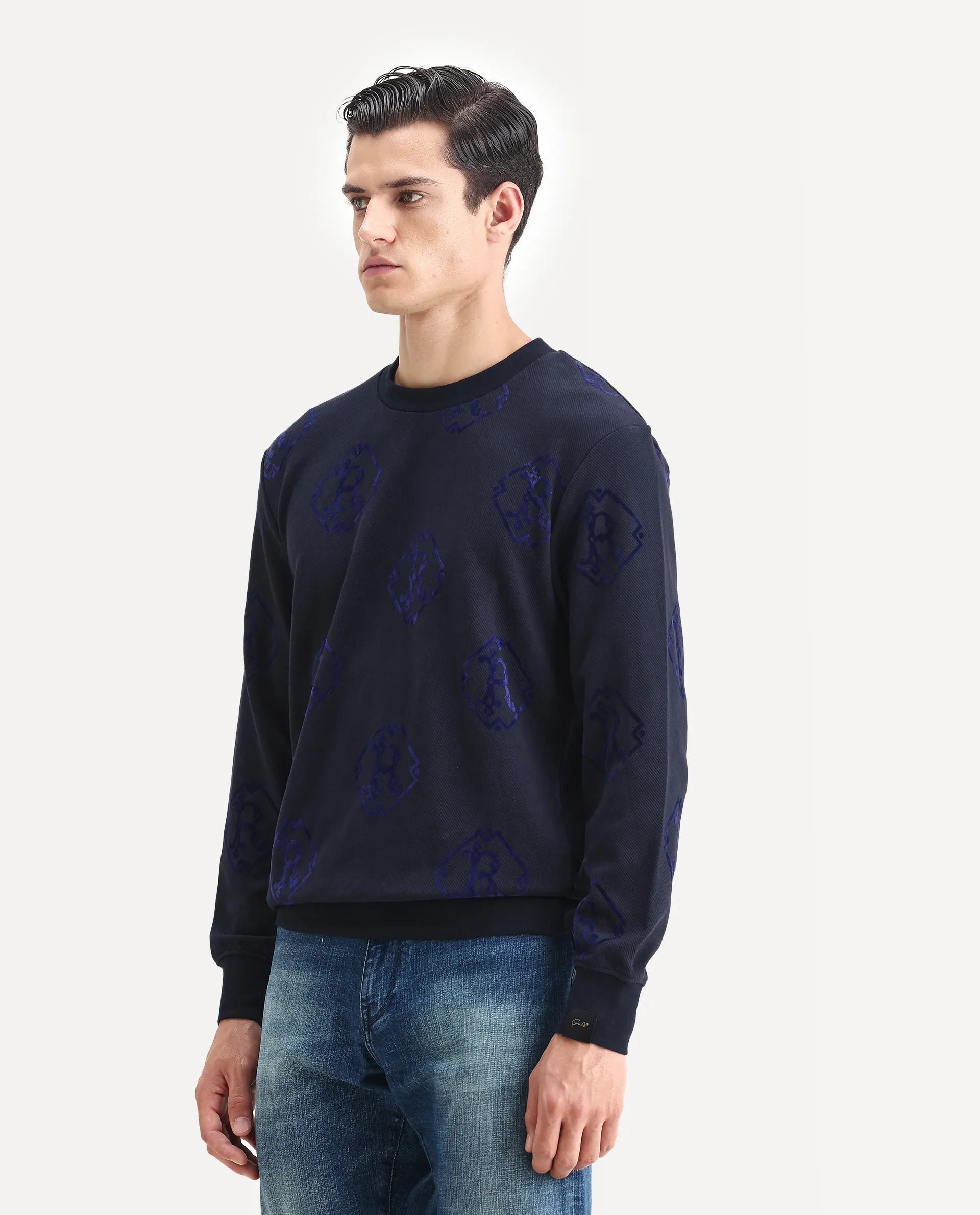 Rare Rabbit Men's Ron Navy Cotton Monogram Print Regular Fit Full Sleeve Crew Neck Sweatshirt - Image 4