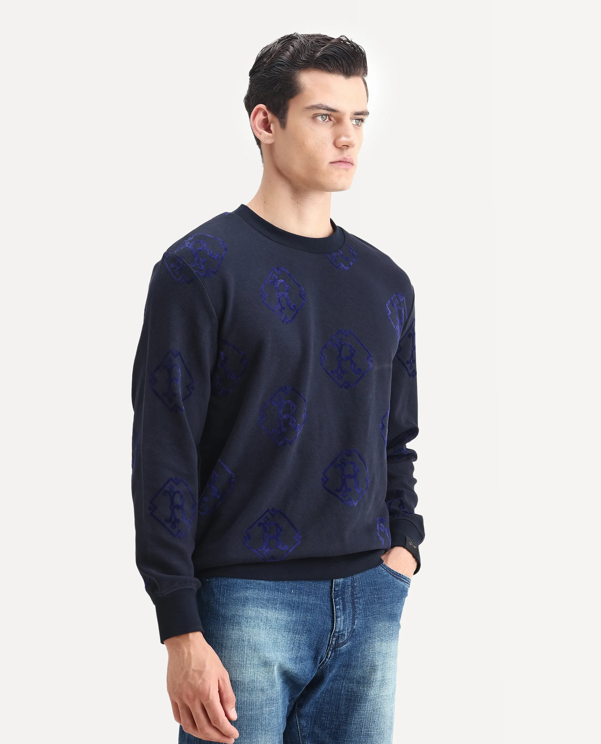 Rare Rabbit Men's Ron Navy Cotton Monogram Print Regular Fit Full Sleeve Crew Neck Sweatshirt - Image 5