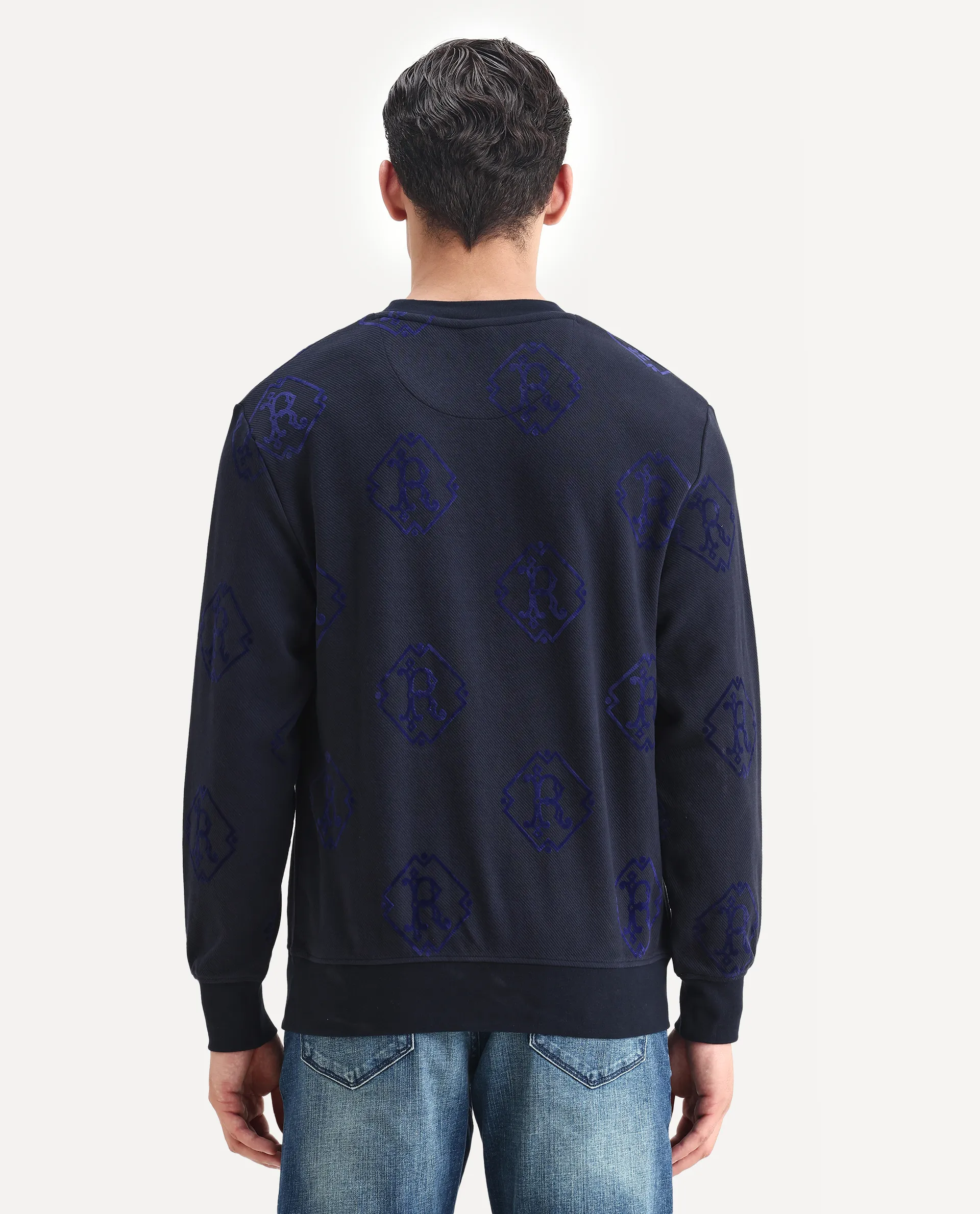 Rare Rabbit Men's Ron Navy Cotton Monogram Print Regular Fit Full Sleeve Crew Neck Sweatshirt - Image 6