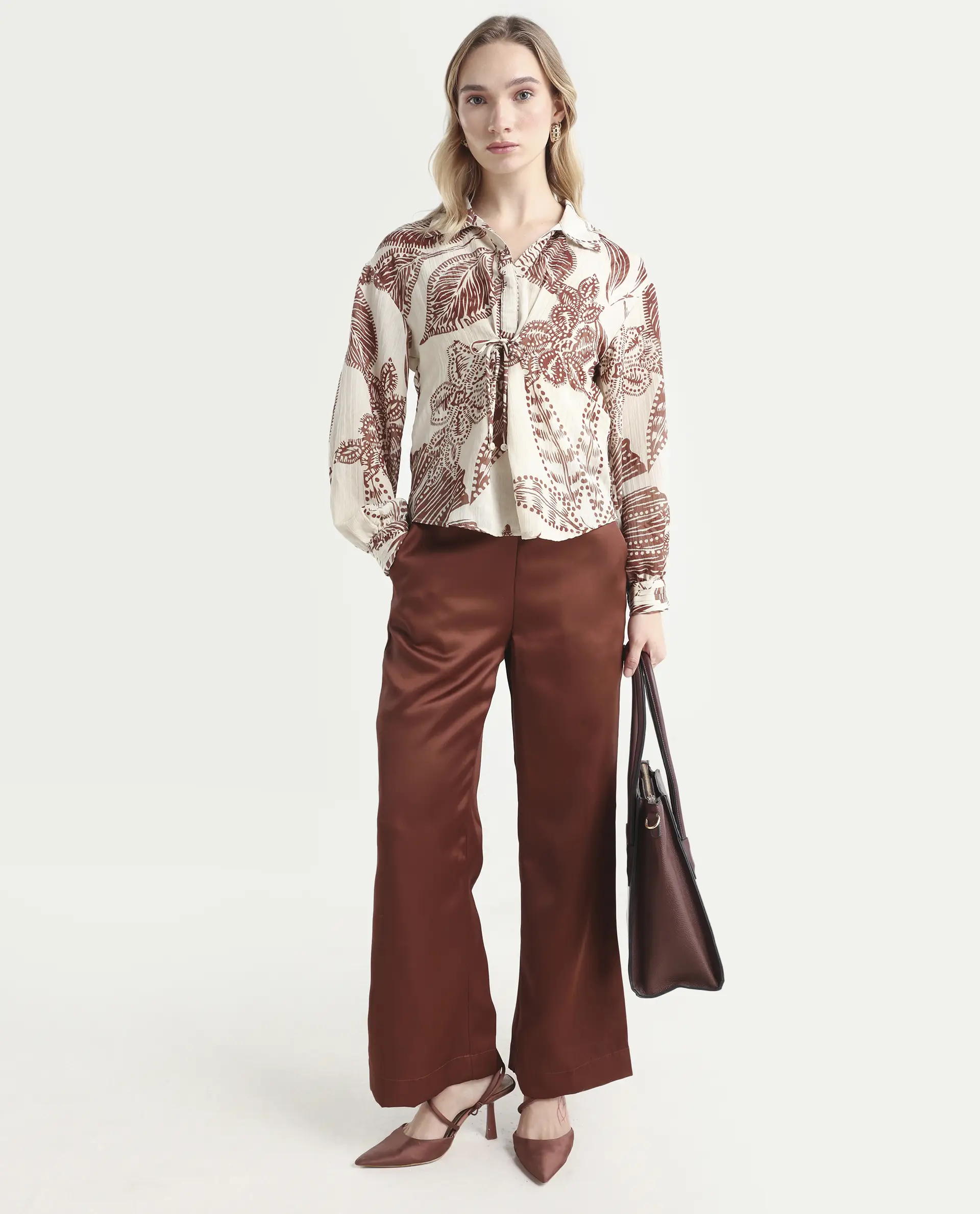 Rareism Women's Ron T Beige Polyester Spread Collar Floral Print Bishop Sleeve Relaxed Fit Top - Image 3