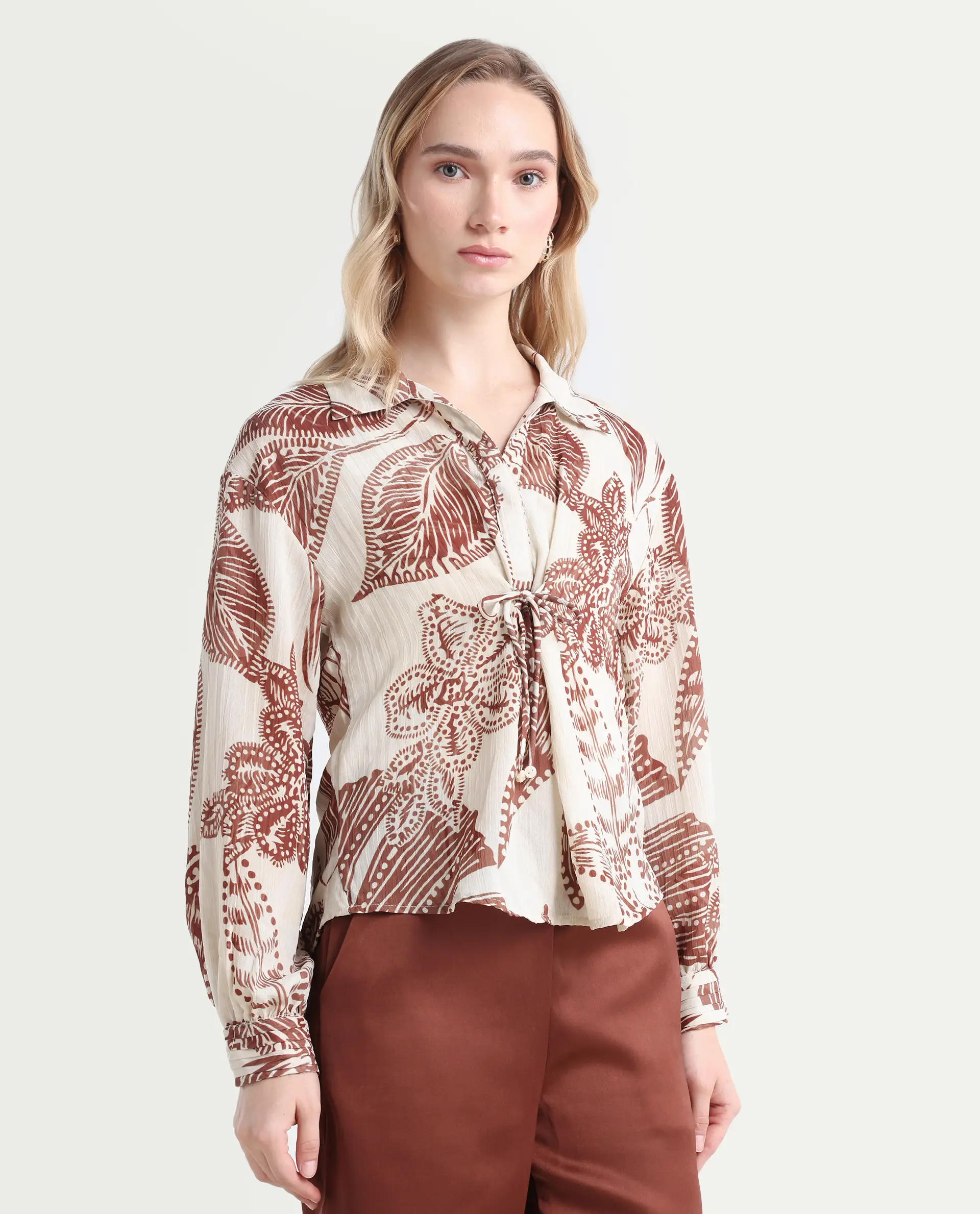 Rareism Women's Ron T Beige Polyester Spread Collar Floral Print Bishop Sleeve Relaxed Fit Top - Image 6