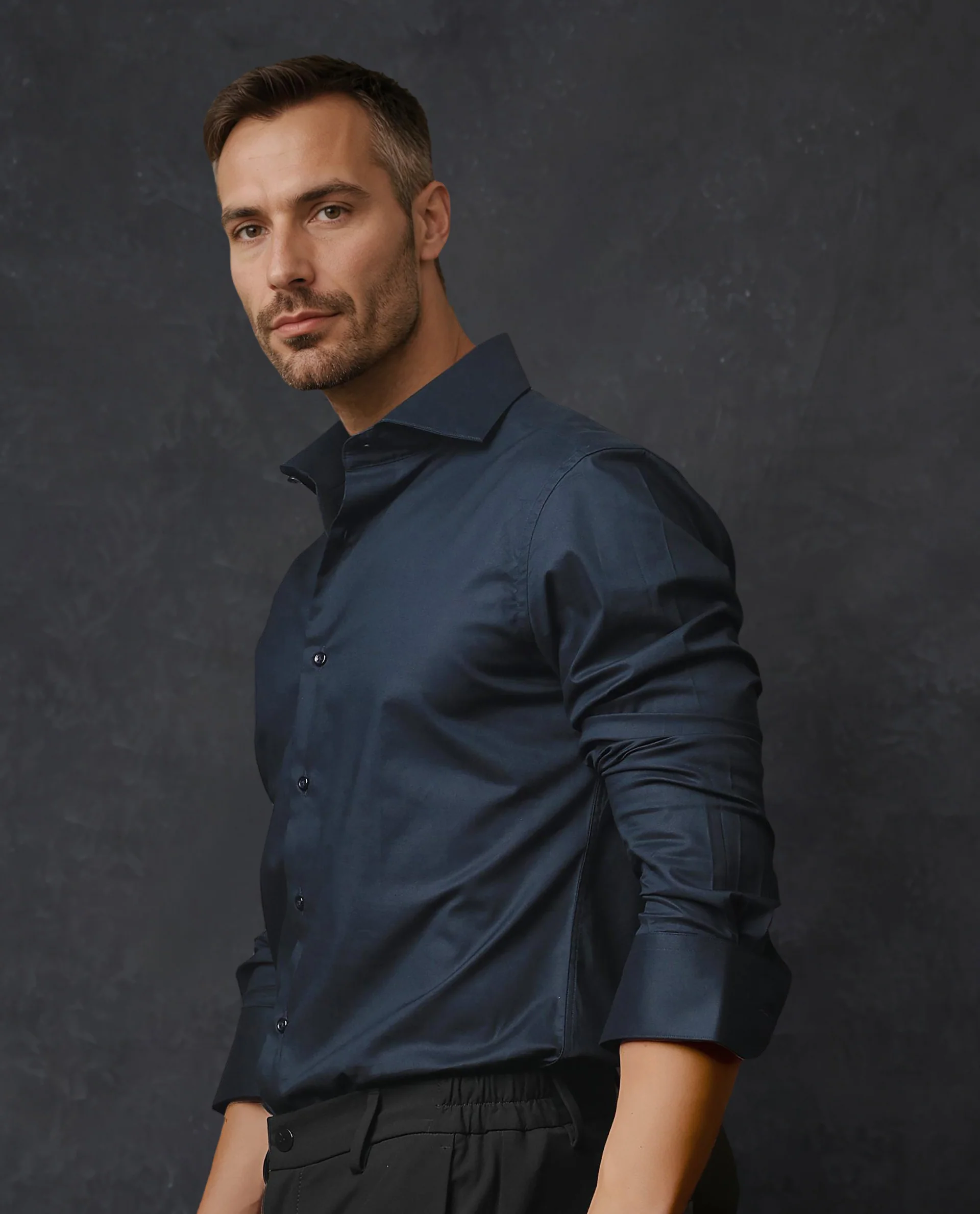 Rare Rabbit Men's Rona Navy Cotton Plain Tailored Fit Full Sleeve Collared Shirt