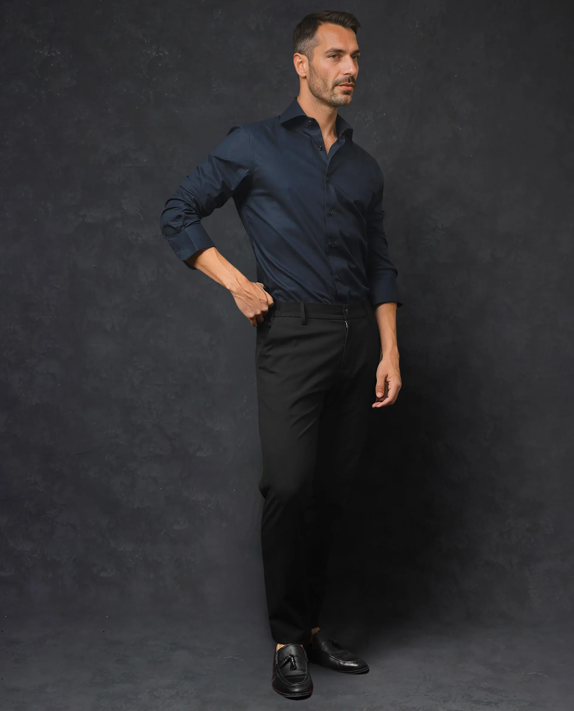 Rare Rabbit Men's Rona Navy Cotton Plain Tailored Fit Full Sleeve Collared Shirt - Image 2