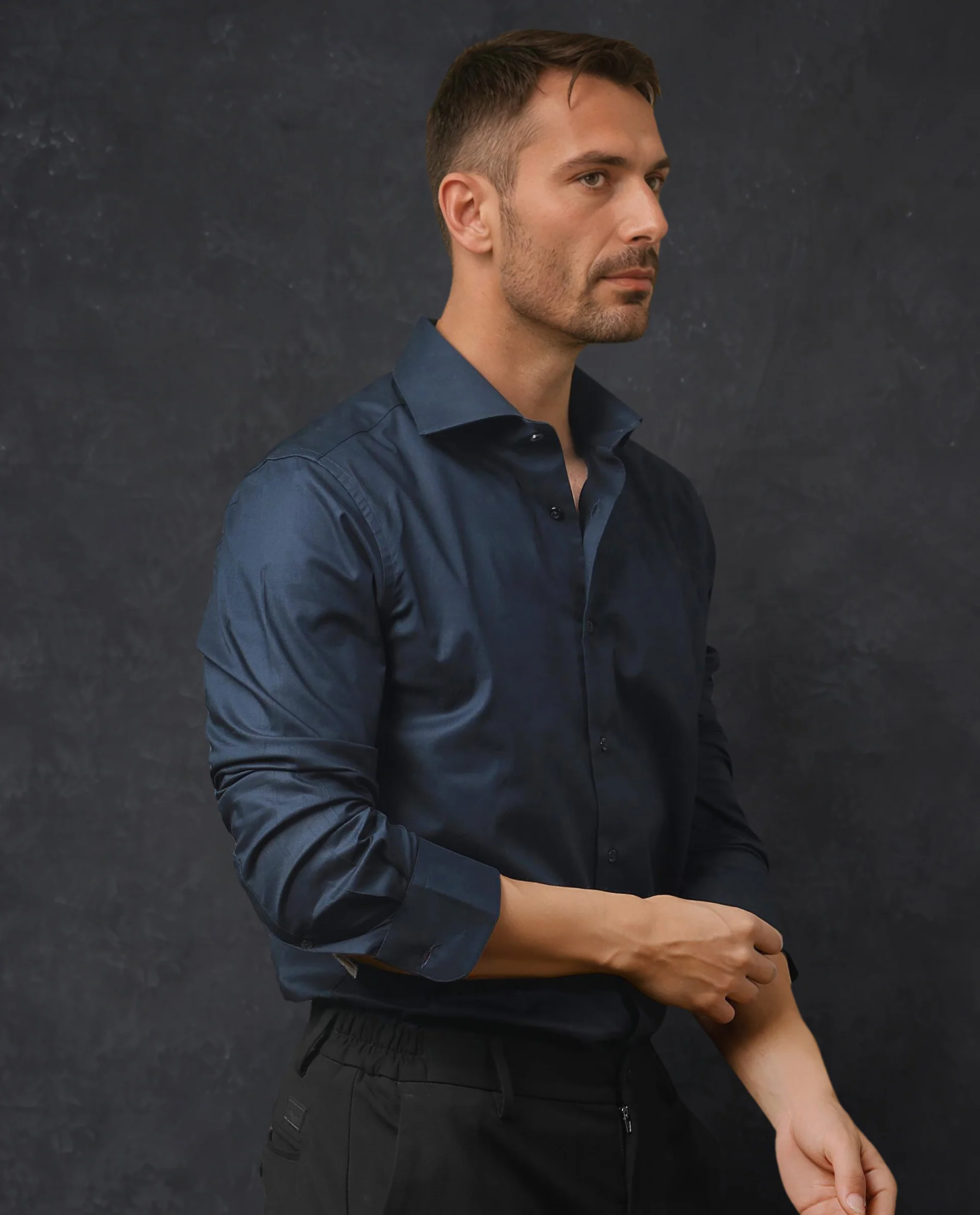 Rare Rabbit Men's Rona Navy Cotton Plain Tailored Fit Full Sleeve Collared Shirt - Image 3