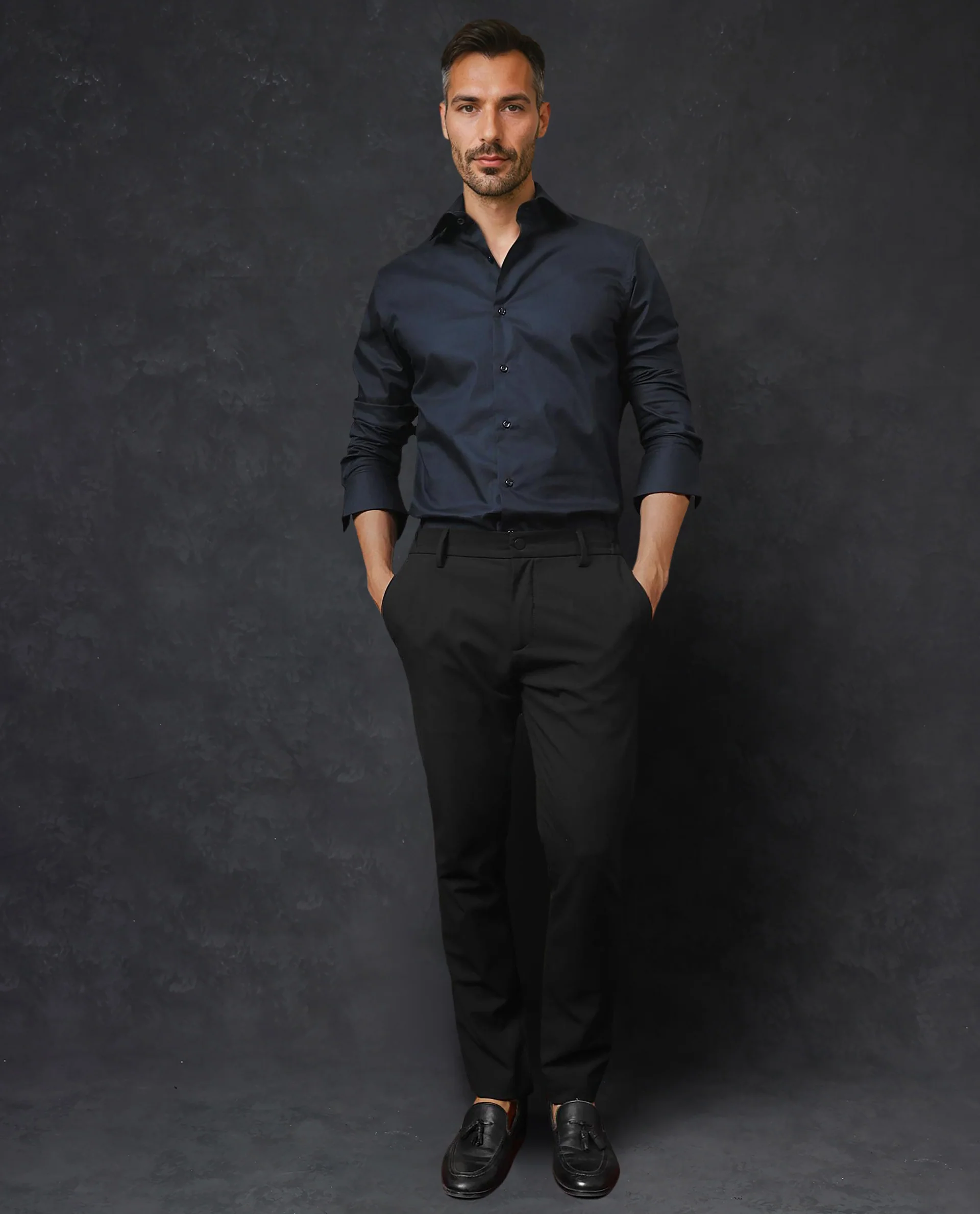 Rare Rabbit Men's Rona Navy Cotton Plain Tailored Fit Full Sleeve Collared Shirt - Image 9