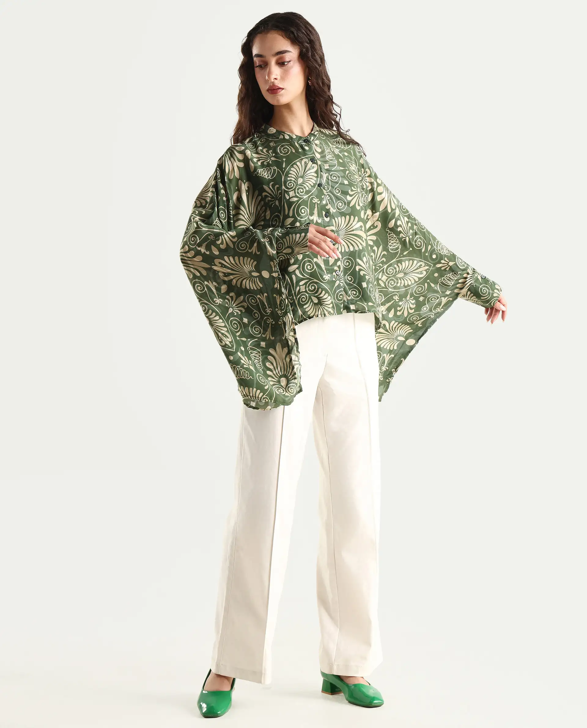 Rareism Women's Rona Green Viscose Band Collar Ornamental Print Cuffed Sleeve Relaxed Fit Top - Image 2