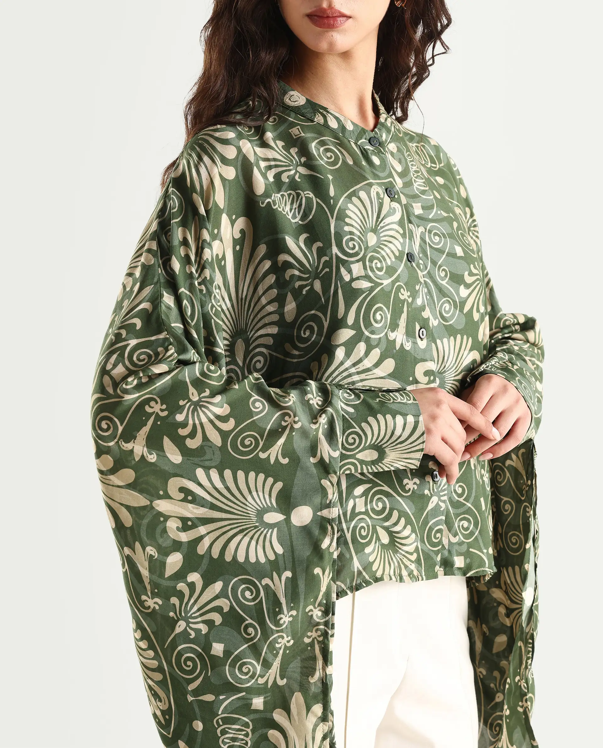 Rareism Women's Rona Green Viscose Band Collar Ornamental Print Cuffed Sleeve Relaxed Fit Top - Image 4