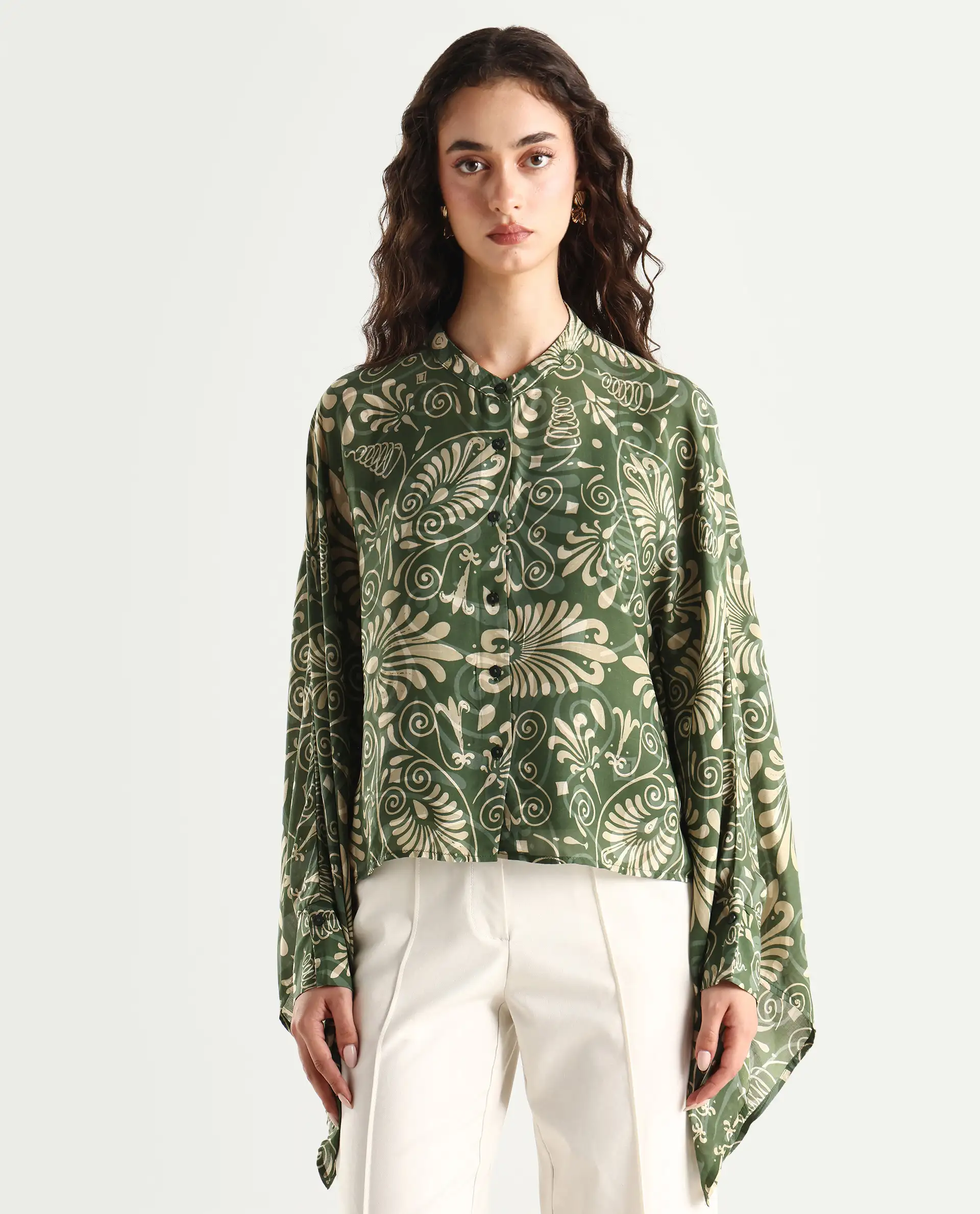 Rareism Women's Rona Green Viscose Band Collar Ornamental Print Cuffed Sleeve Relaxed Fit Top - Image 5