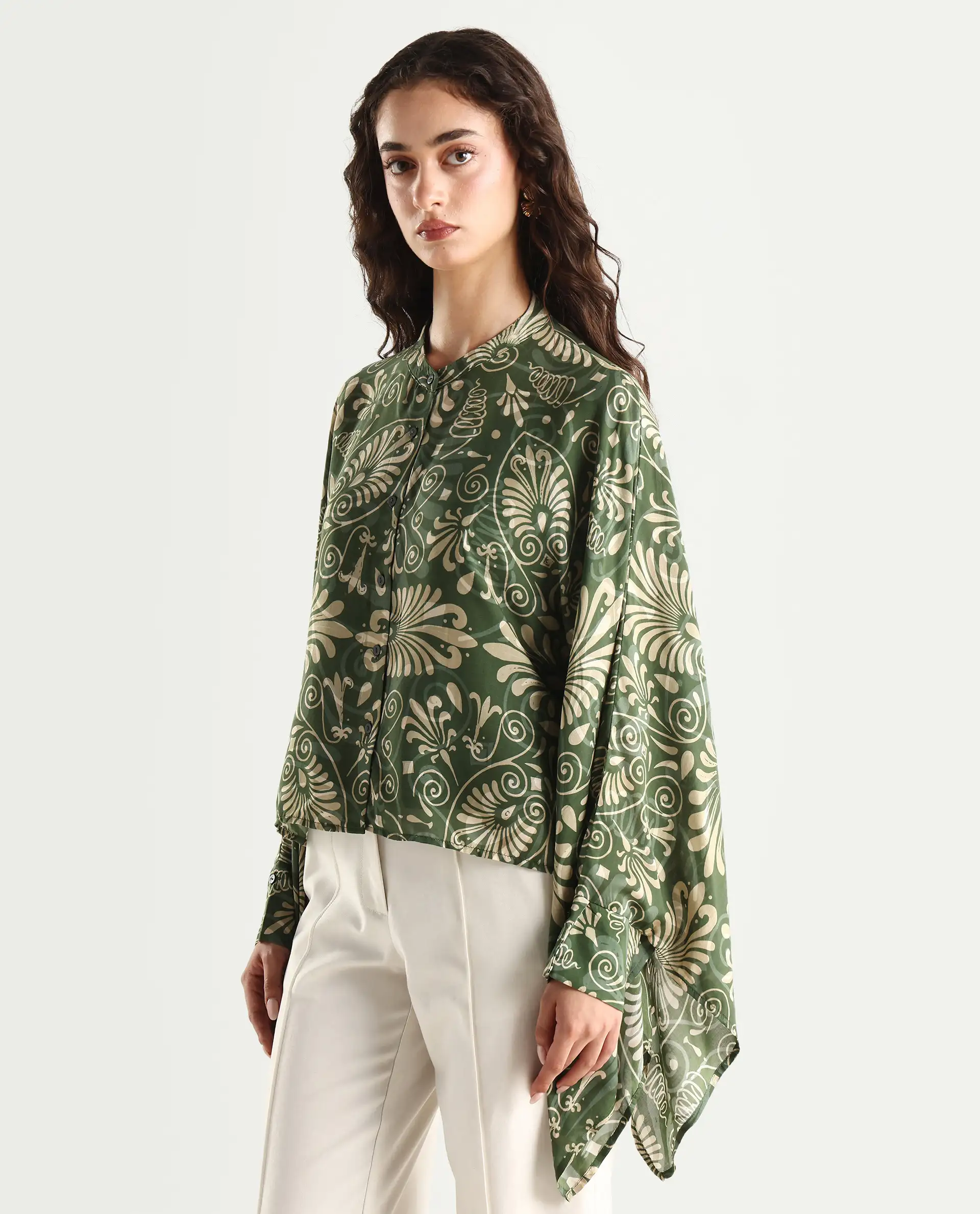 Rareism Women's Rona Green Viscose Band Collar Ornamental Print Cuffed Sleeve Relaxed Fit Top - Image 6