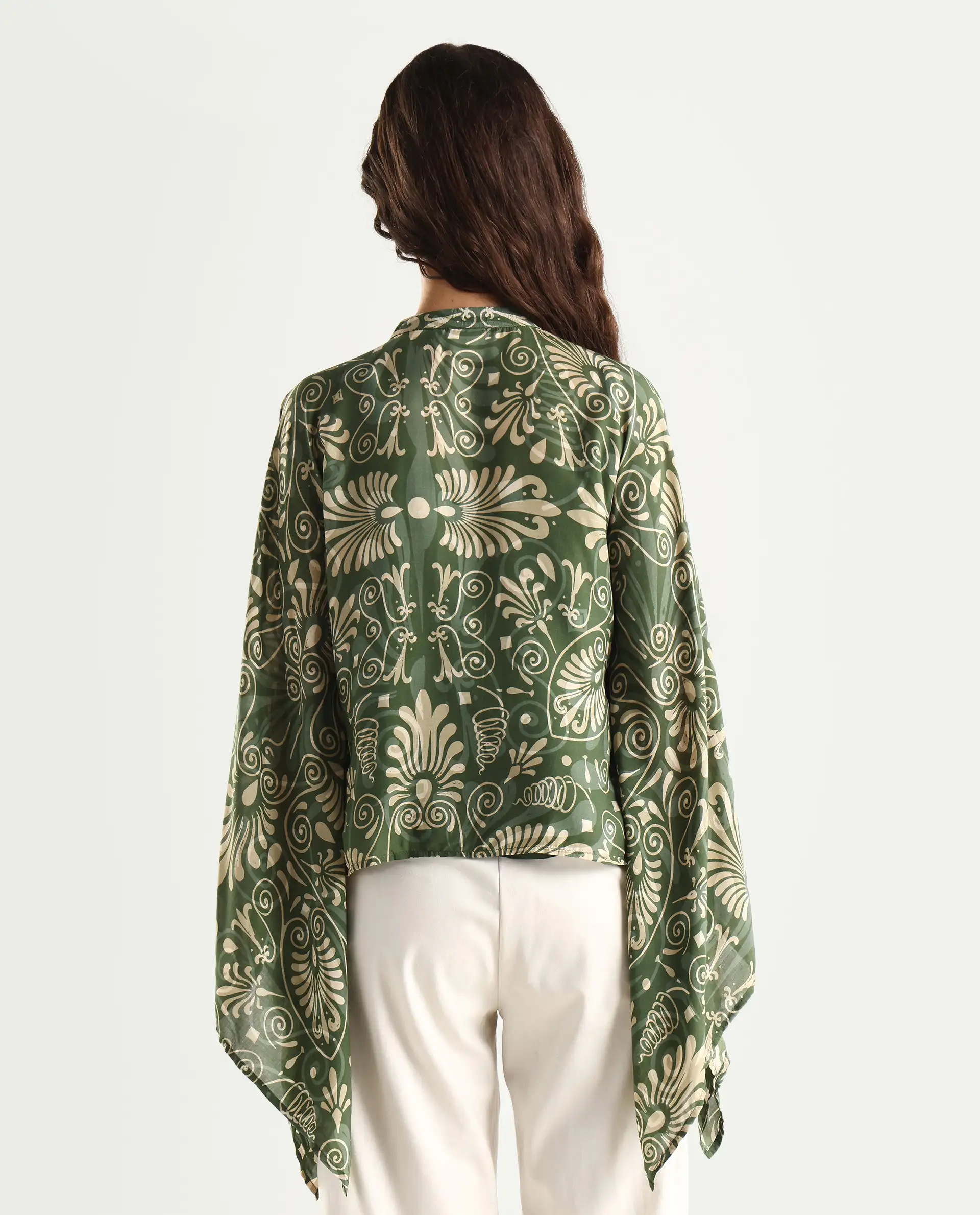 Rareism Women's Rona Green Viscose Band Collar Ornamental Print Cuffed Sleeve Relaxed Fit Top - Image 8