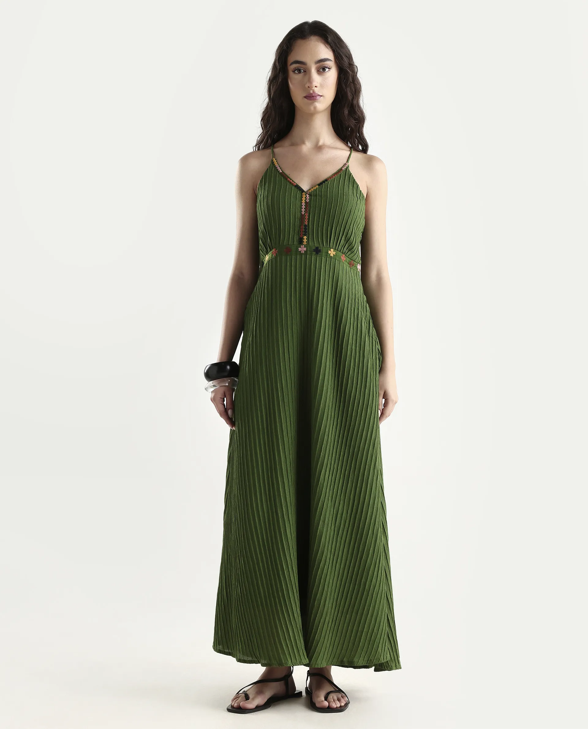 Rareism Women's Ronad Green Polyester Blend V-Neck Plain Sleeveless Maxi A-Line Dress - Image 2