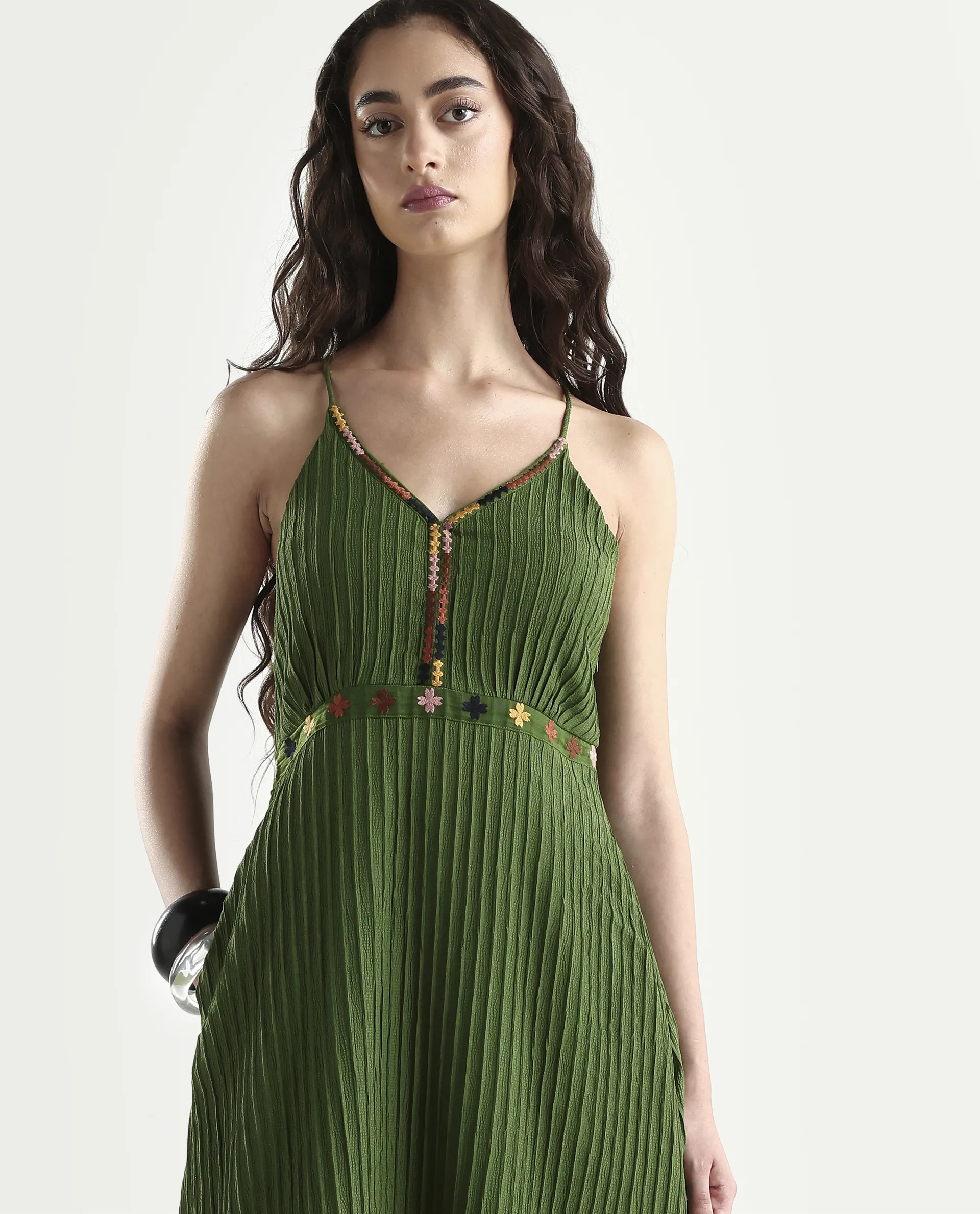 Rareism Women's Ronad Green Polyester Blend V-Neck Plain Sleeveless Maxi A-Line Dress - Image 3