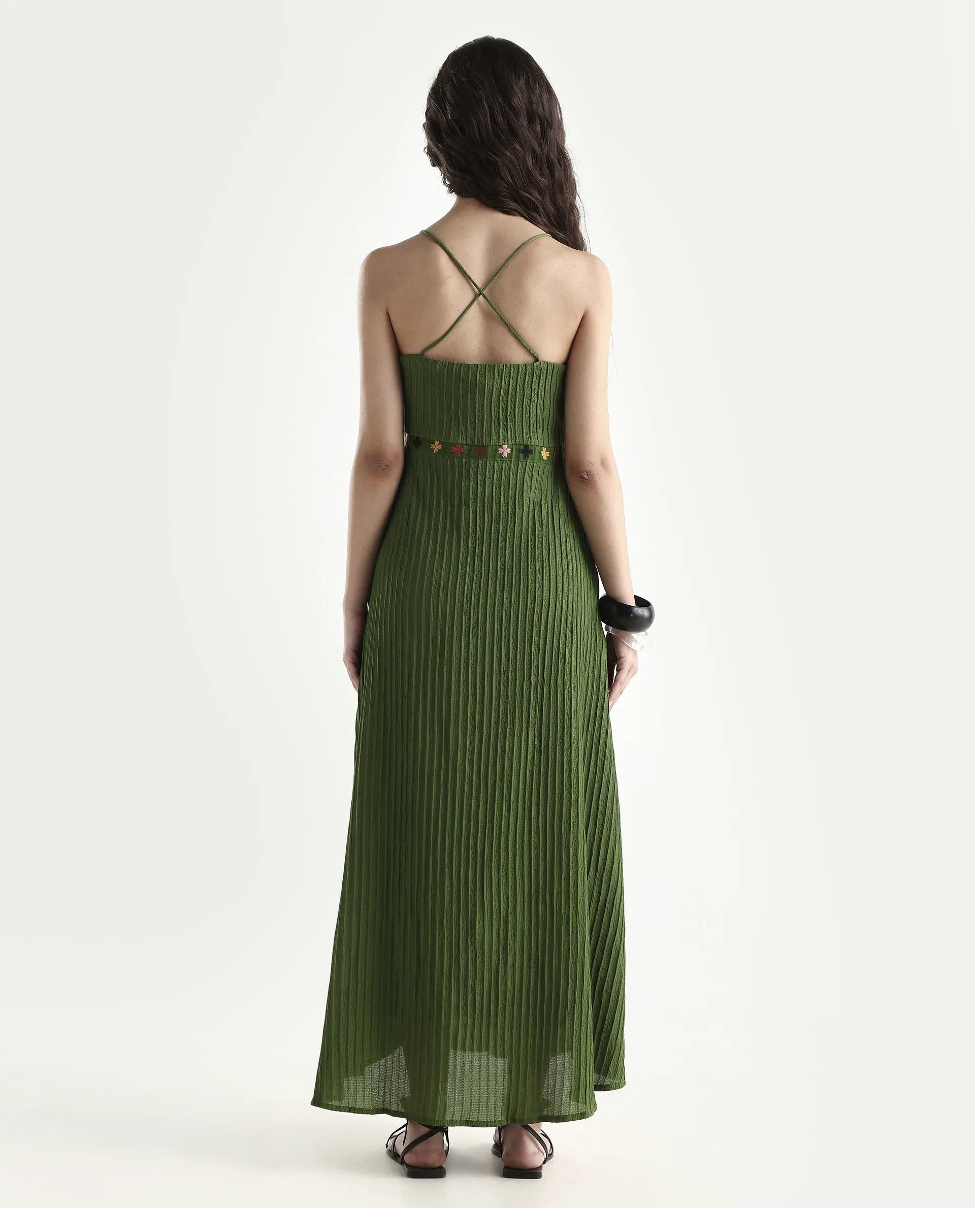 Rareism Women's Ronad Green Polyester Blend V-Neck Plain Sleeveless Maxi A-Line Dress - Image 7