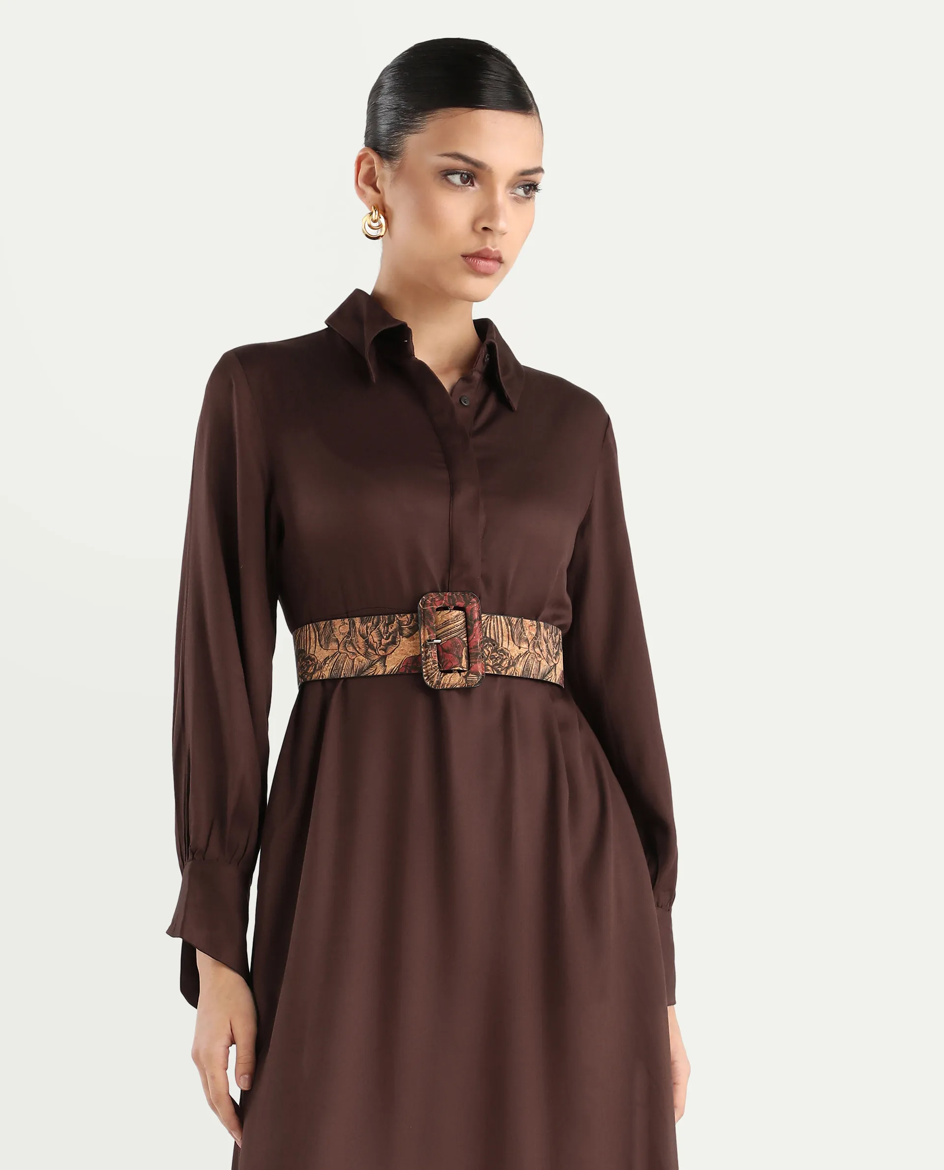 Rareism Women's Ronae Brown Viscose Spread Collar Plain Cuffed Sleeve Maxi Flared Dress - Image 2