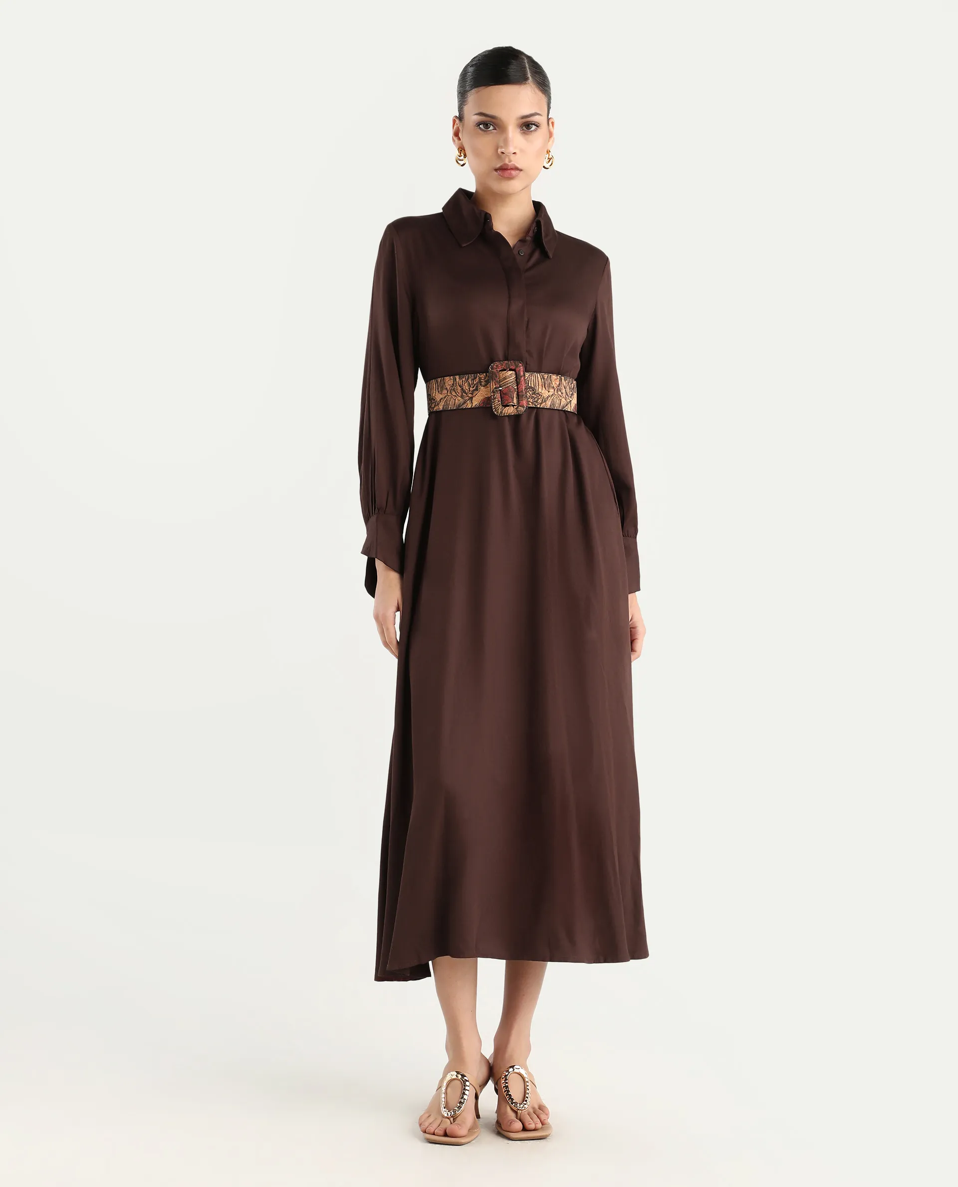 Rareism Women's Ronae Brown Viscose Spread Collar Plain Cuffed Sleeve Maxi Flared Dress - Image 3