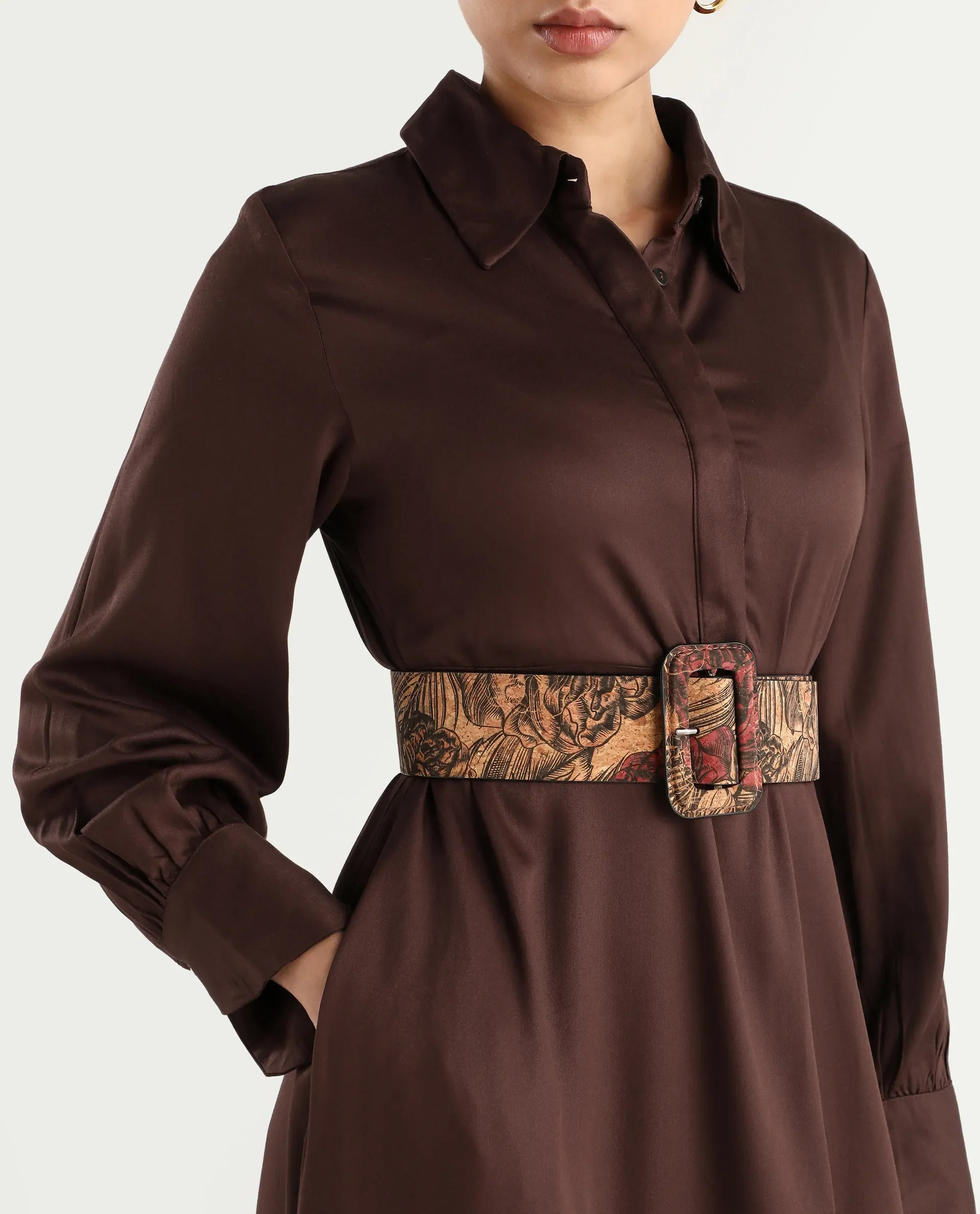 Rareism Women's Ronae Brown Viscose Spread Collar Plain Cuffed Sleeve Maxi Flared Dress - Image 4