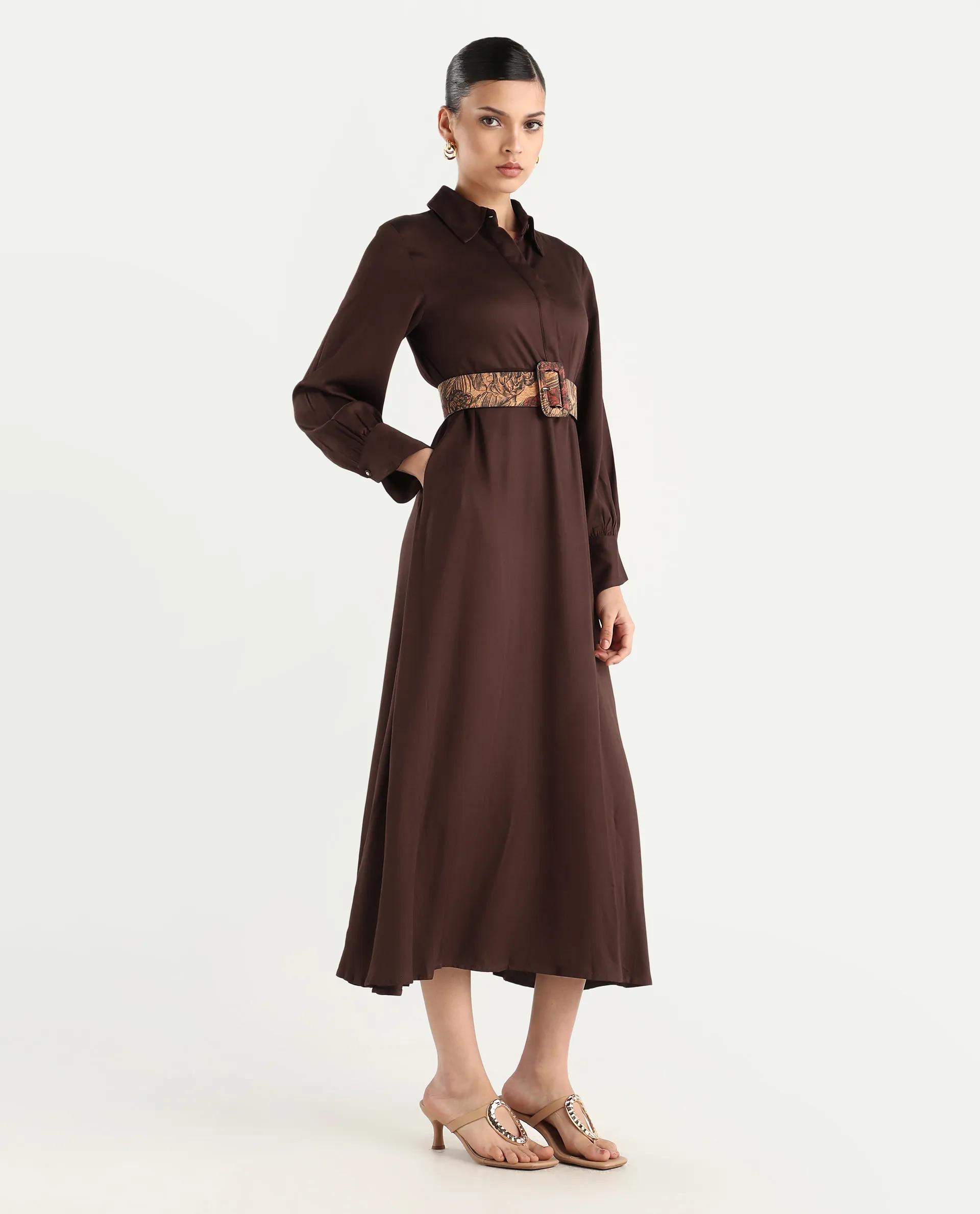 Rareism Women's Ronae Brown Viscose Spread Collar Plain Cuffed Sleeve Maxi Flared Dress - Image 5