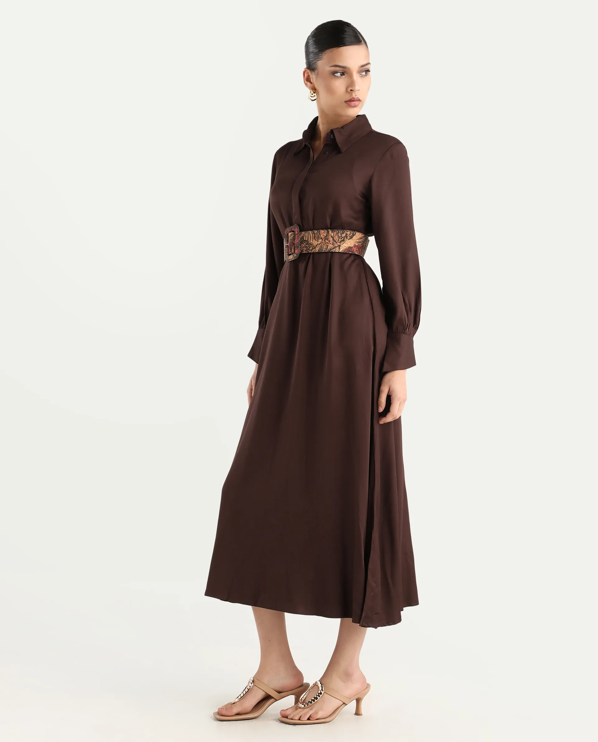 Rareism Women's Ronae Brown Viscose Spread Collar Plain Cuffed Sleeve Maxi Flared Dress - Image 6