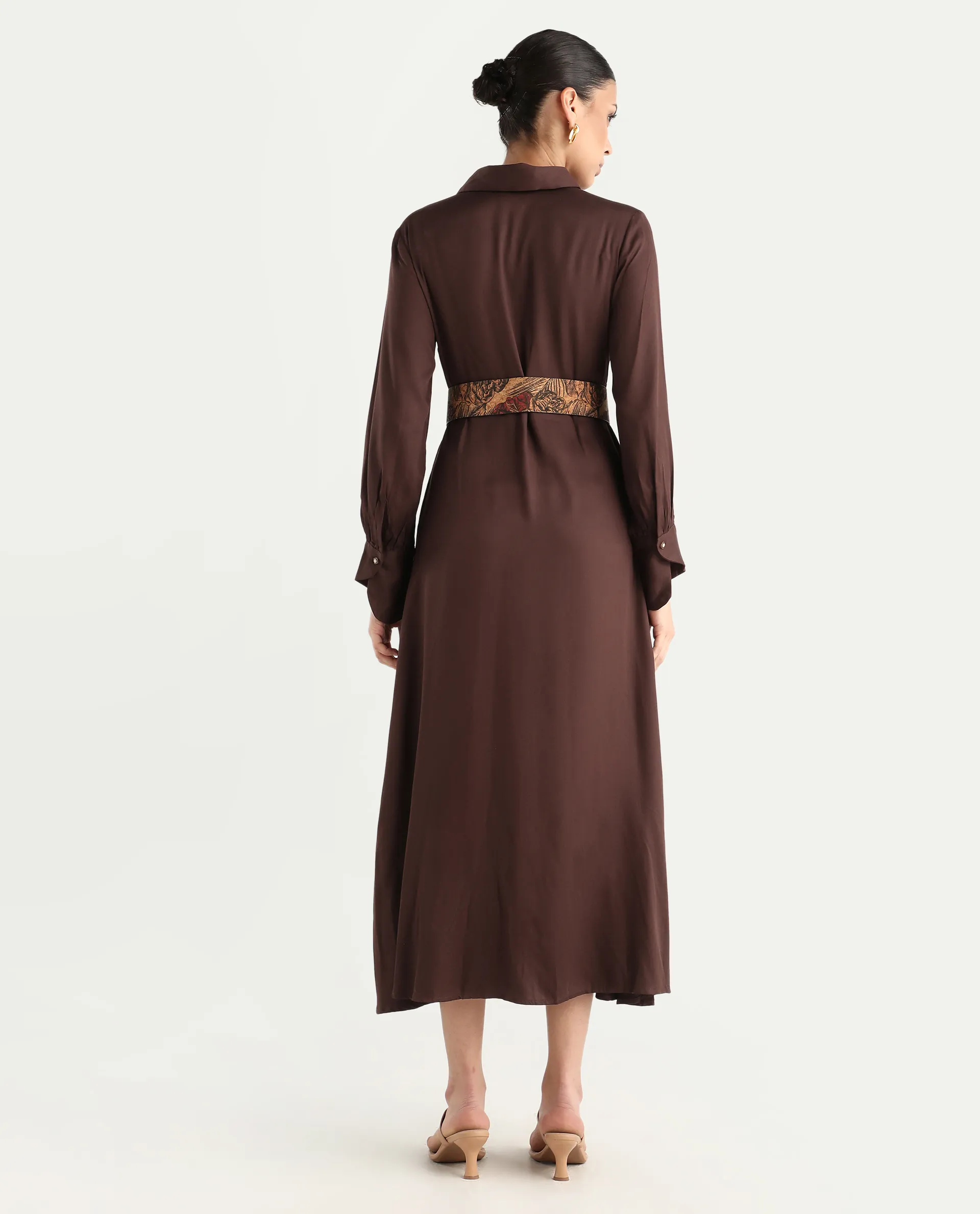 Rareism Women's Ronae Brown Viscose Spread Collar Plain Cuffed Sleeve Maxi Flared Dress - Image 7