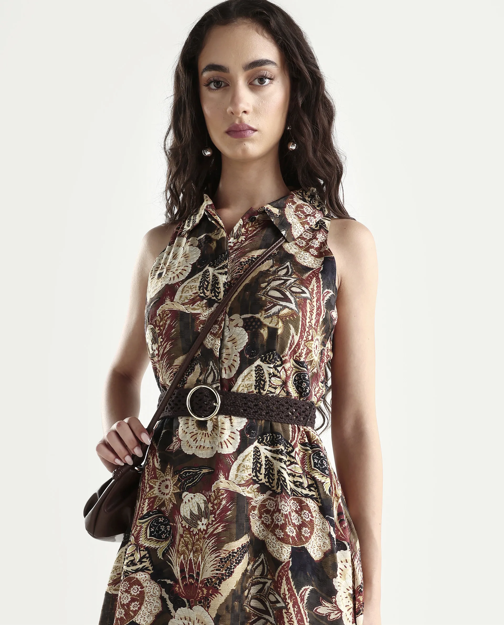 Rareism Women's Ronaf Brown Cotton Spread Collar Abstract Print Sleeveless Maxi Flared Dress - Image 3