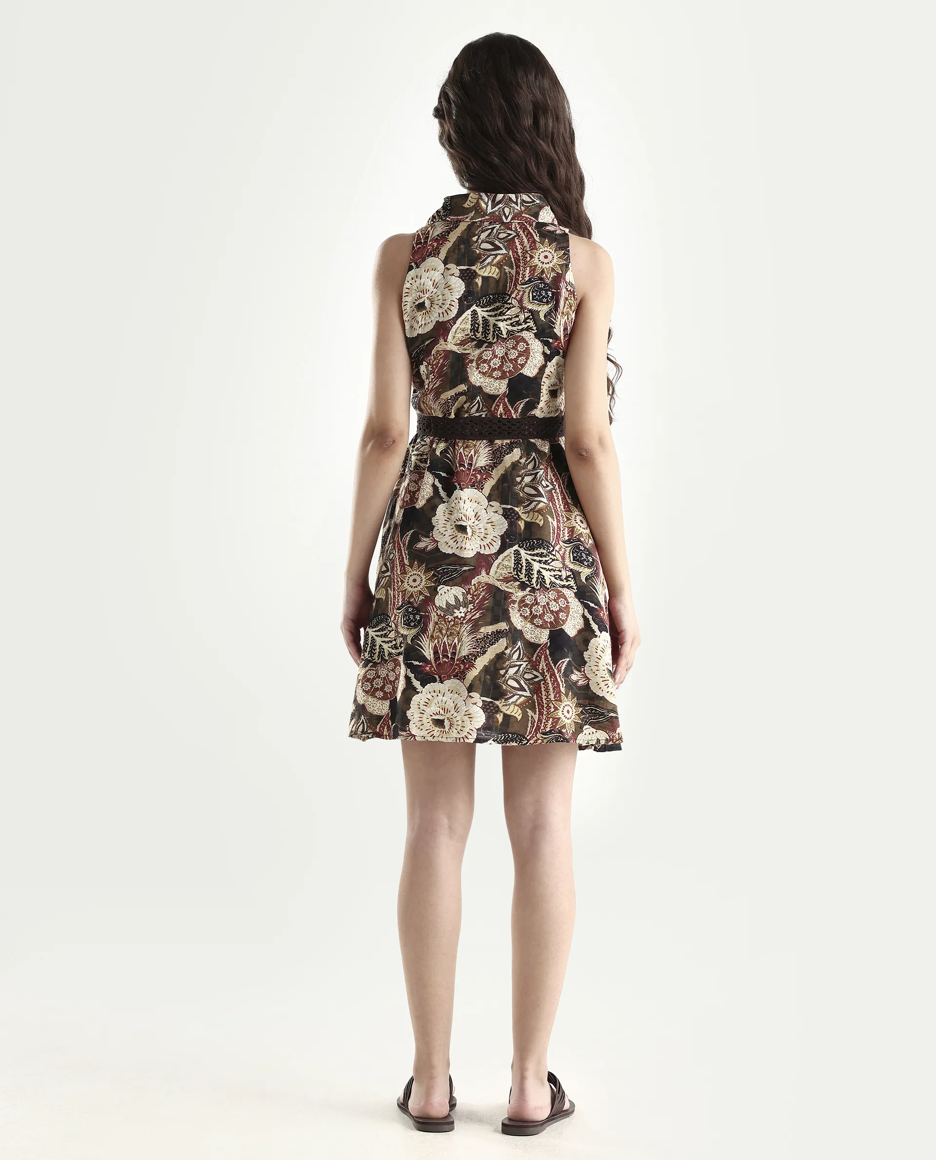 Rareism Women's Ronaf Brown Cotton Spread Collar Abstract Print Sleeveless Maxi Flared Dress - Image 7