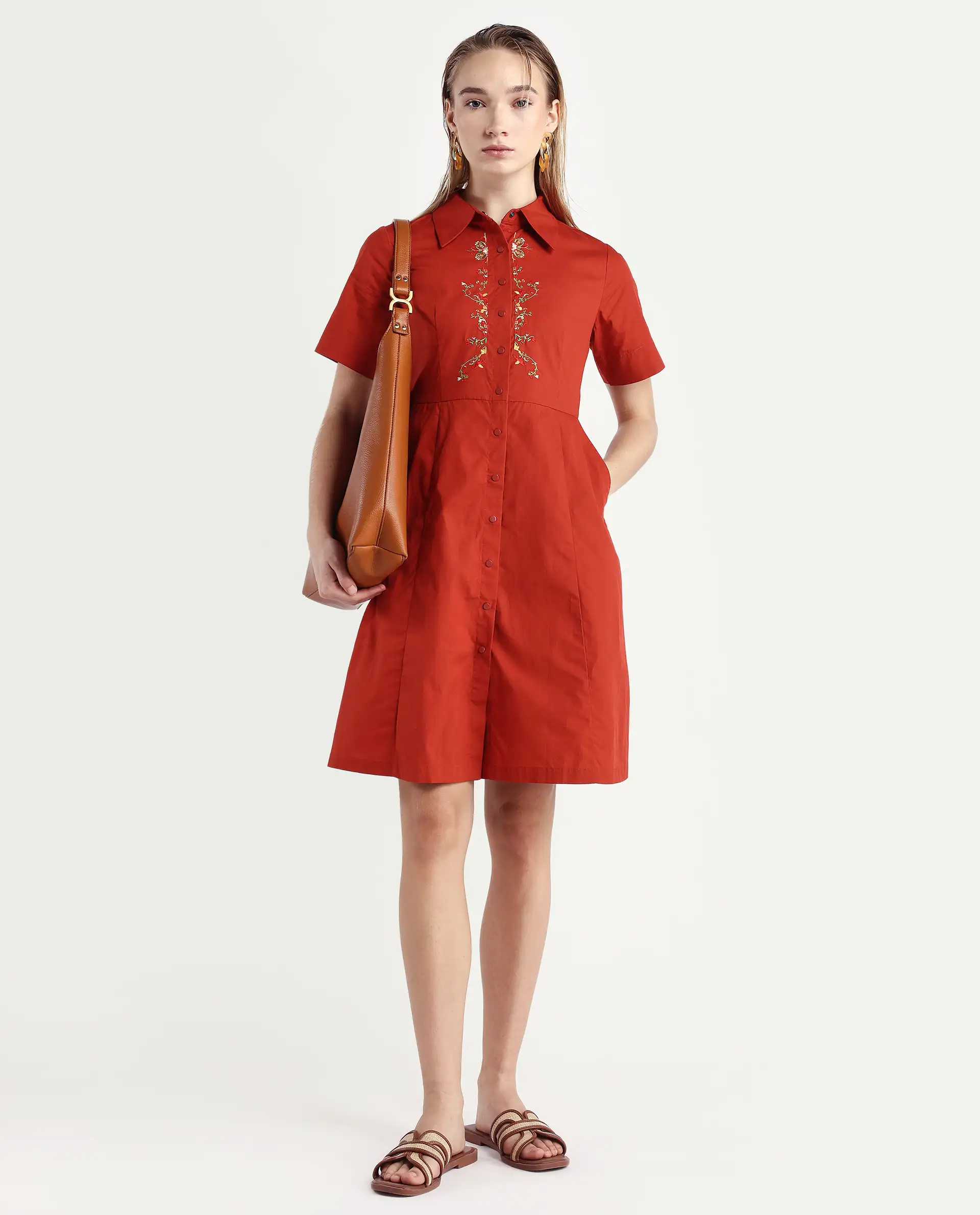 Rareism Women's Ronaj Rust Cotton Spread Collar Plain Knee Length Fit And Flare Dress - Image 2