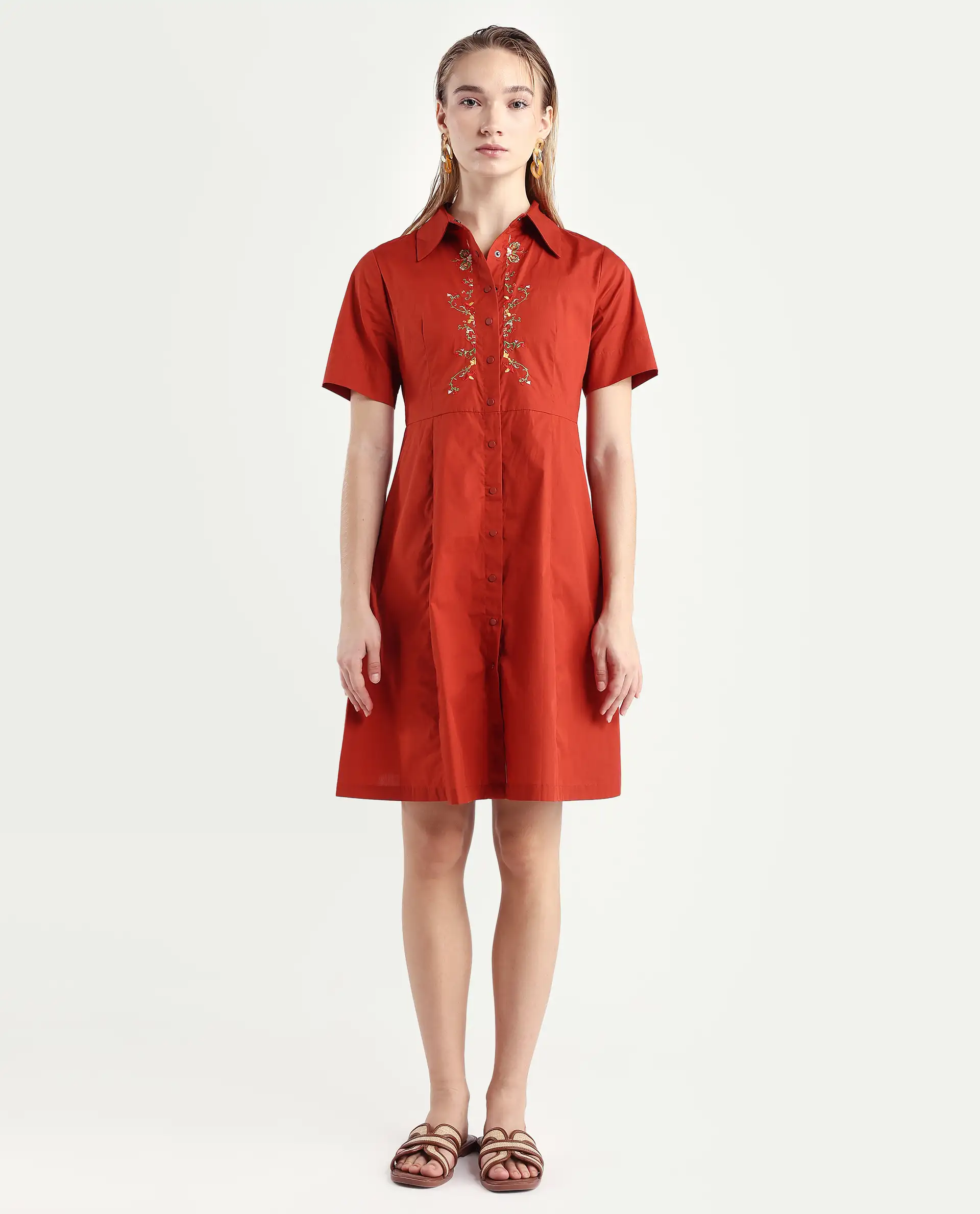 Rareism Women's Ronaj Rust Cotton Spread Collar Plain Knee Length Fit And Flare Dress - Image 3