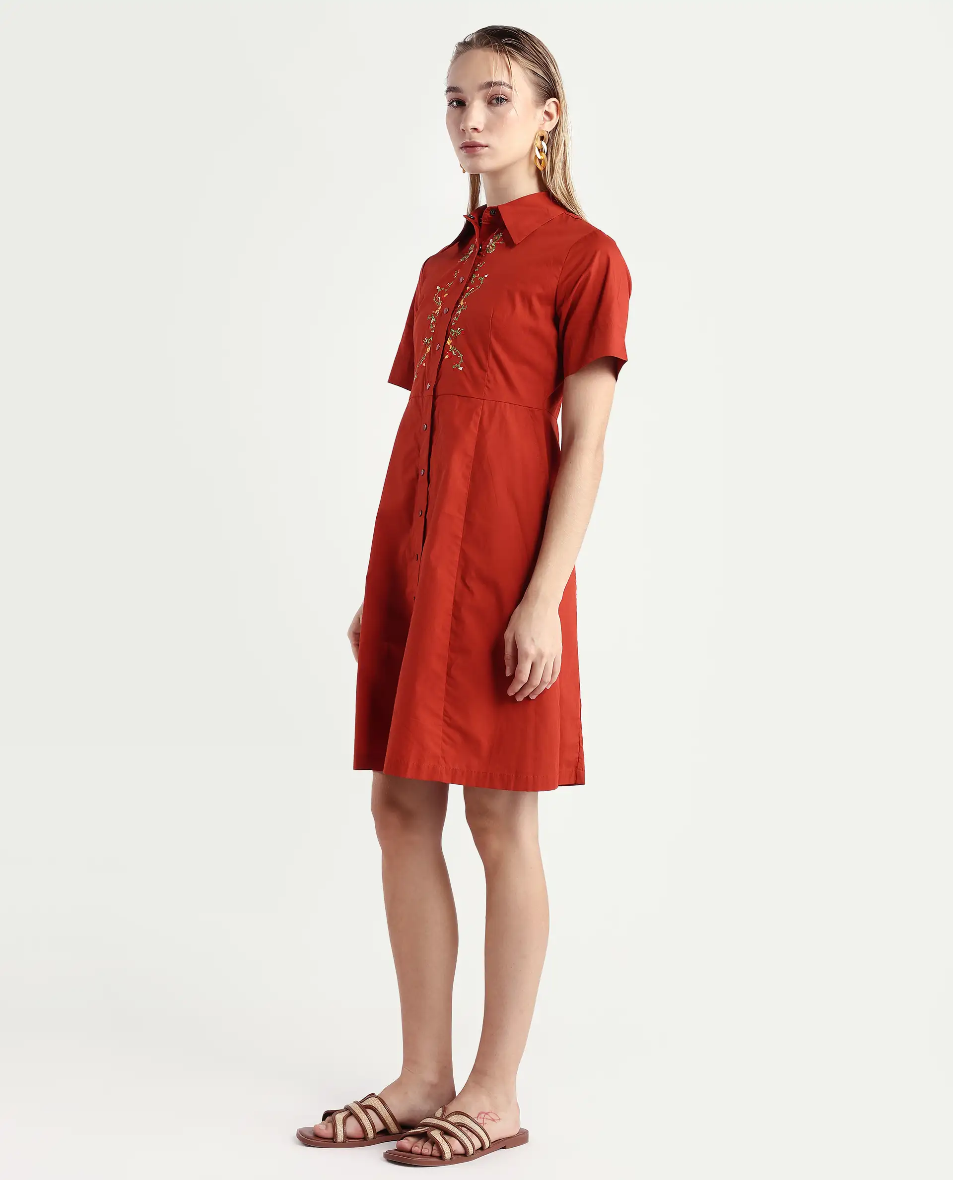 Rareism Women's Ronaj Rust Cotton Spread Collar Plain Knee Length Fit And Flare Dress - Image 5